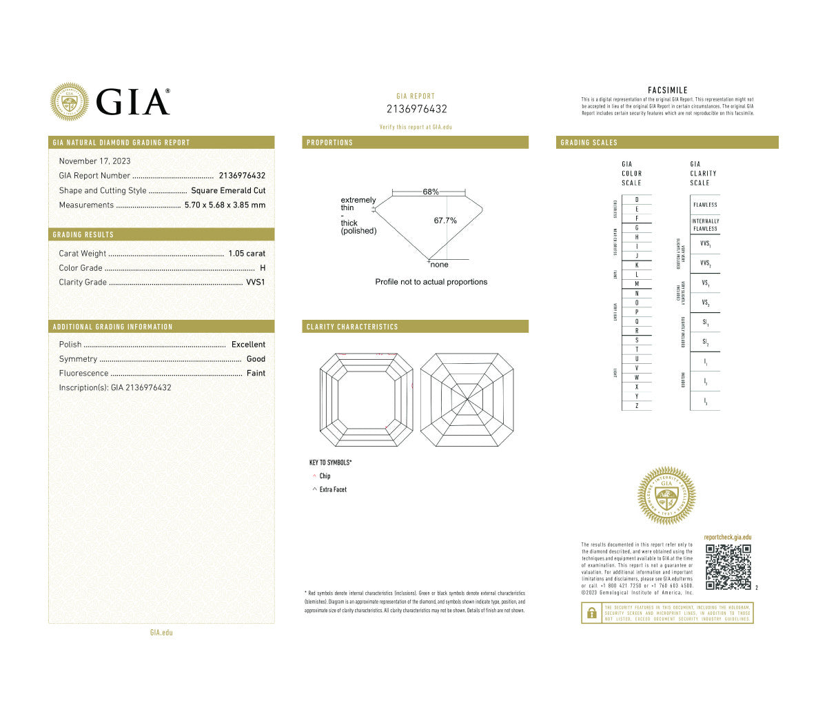 Square Emerald Cut 1.05 H VVS1 GIA Certified Diamond