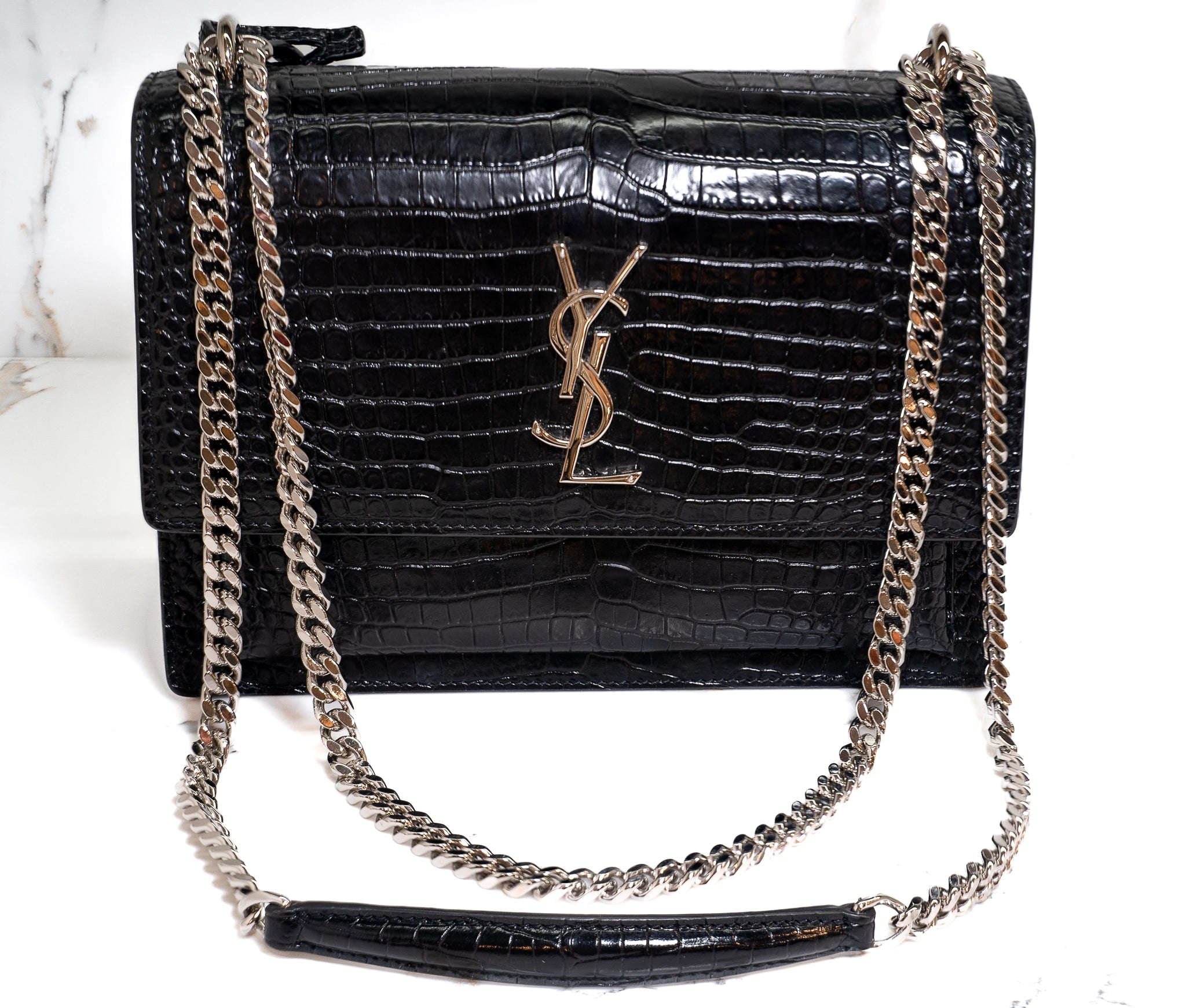 YSL Black Crocodile Embossed Leather Sunset Cross Body Bag