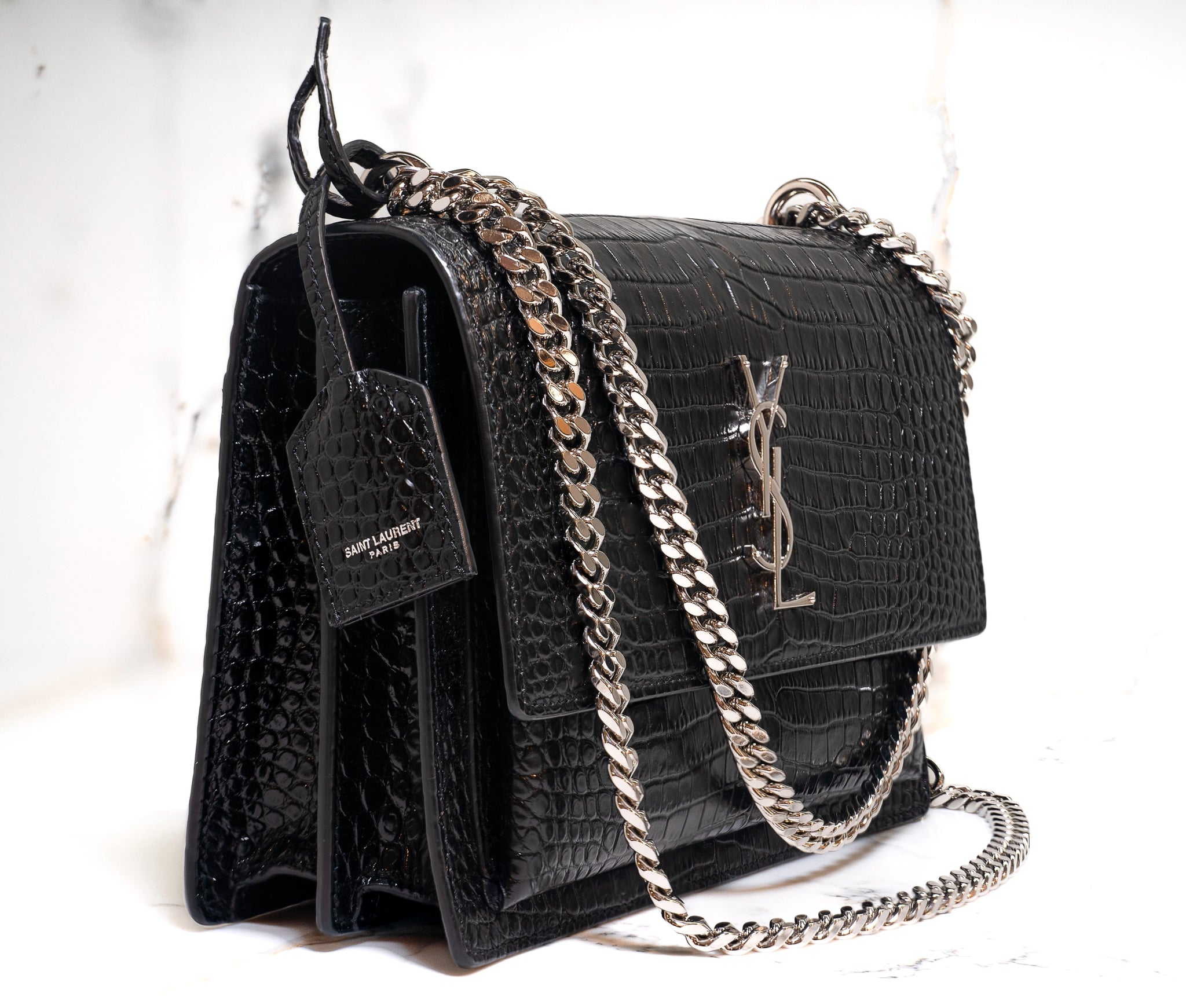 YSL Black Crocodile Embossed Leather Sunset Cross Body Bag