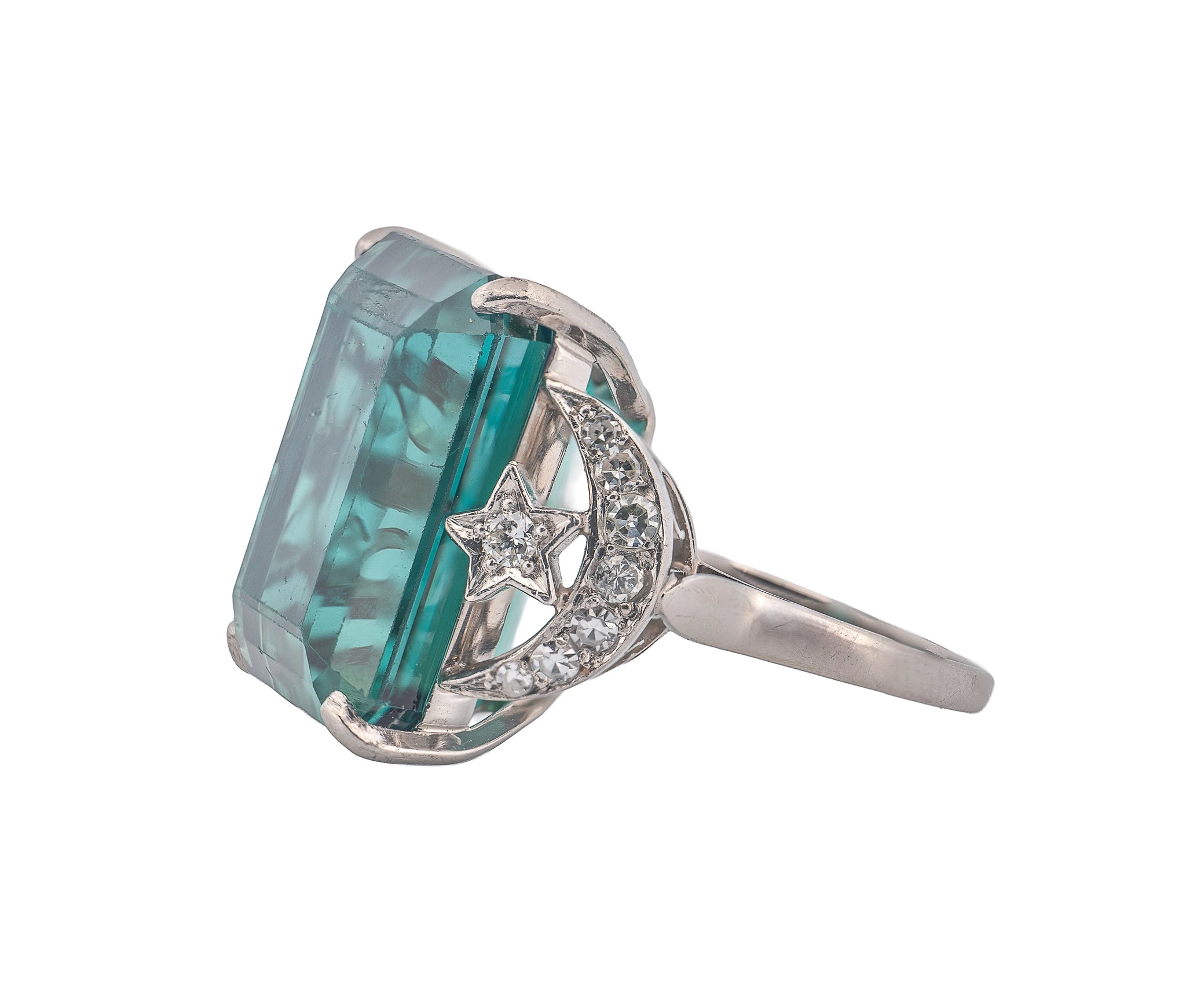 Platinum Blue-Green Tourmaline & Diamond “Star and Moon” Motif Ring
