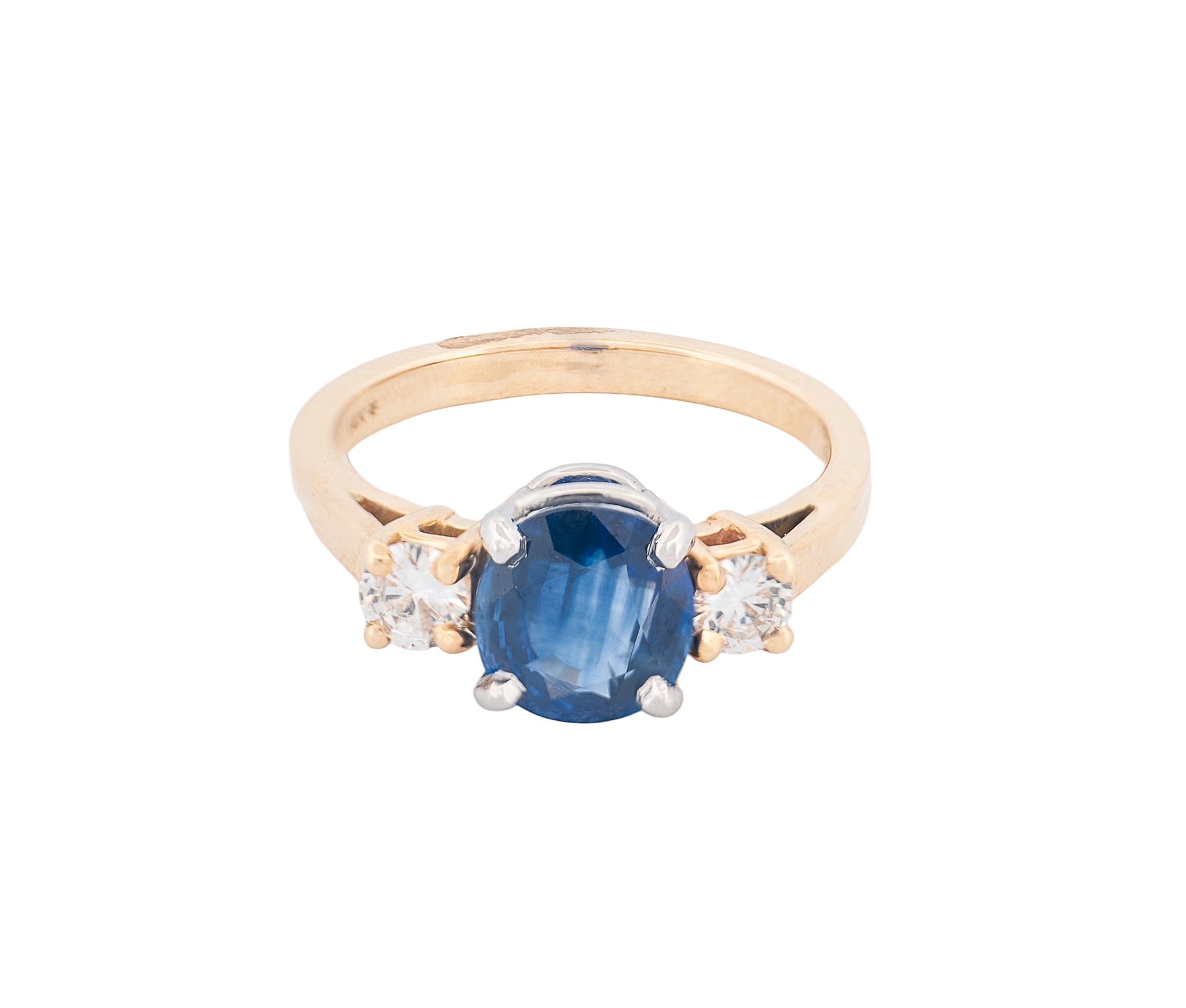 14K Yellow Gold Natural Blue Sapphire & Diamond Three-Stone Ring