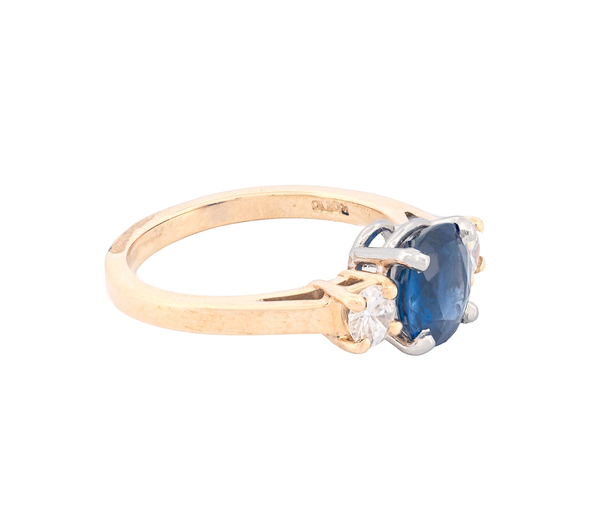 14K Yellow Gold Natural Blue Sapphire & Diamond Three-Stone Ring
