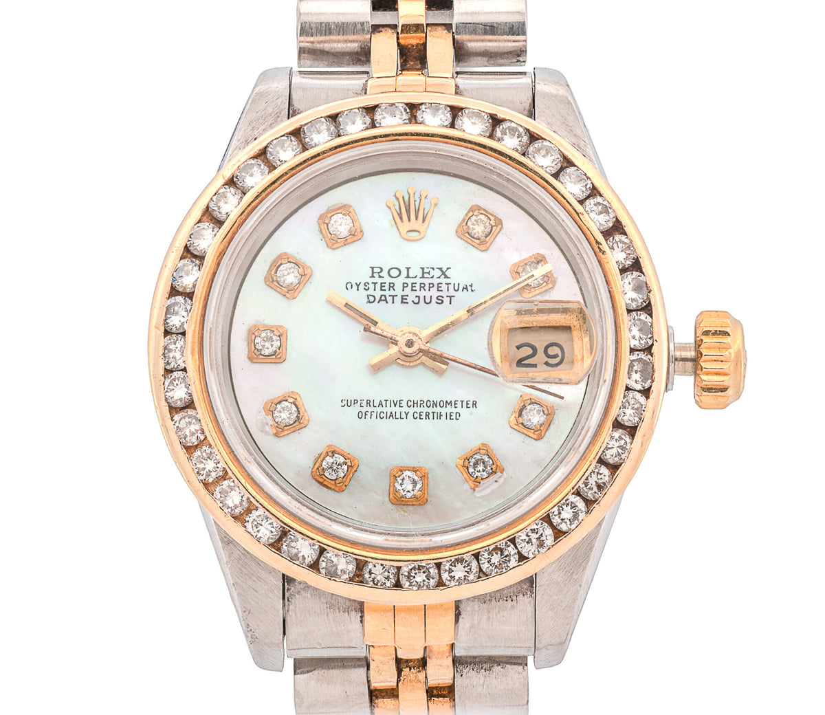 Women's Rolex 18k/SS Datejust, 26mm, Custom MOP Diamond Dial & Diamond Bezel