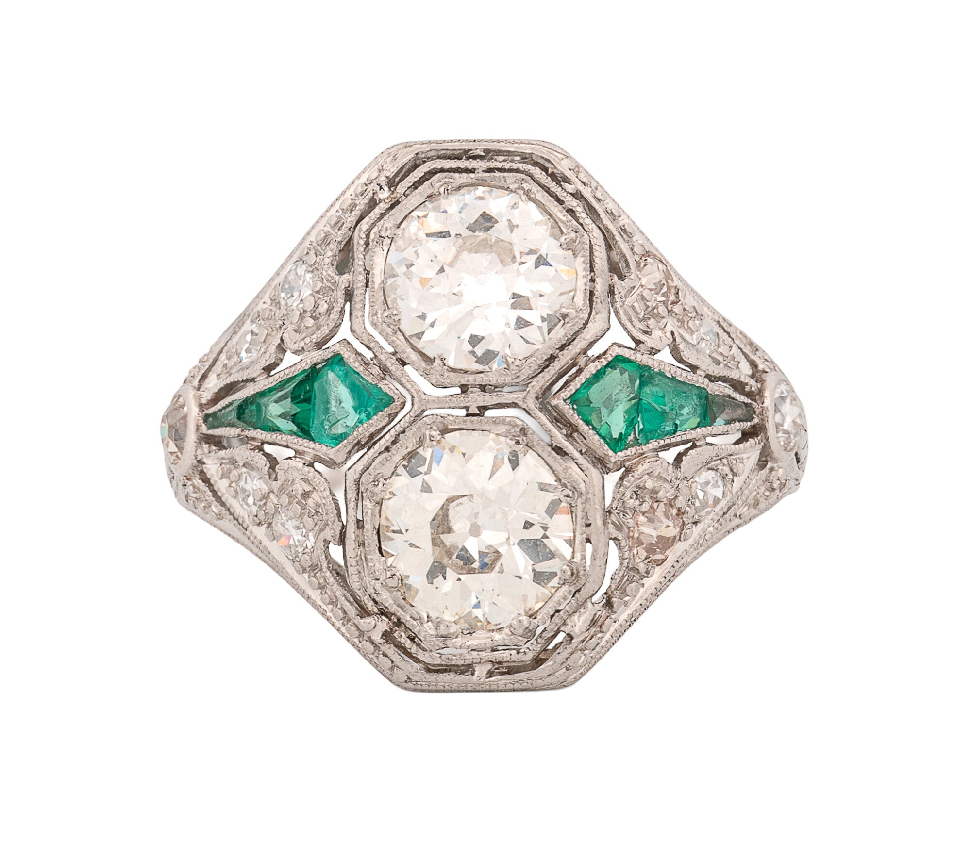 Women's Platinum Original Art Deco Green Glass & 2.25ct Diamond Ring, Size 7