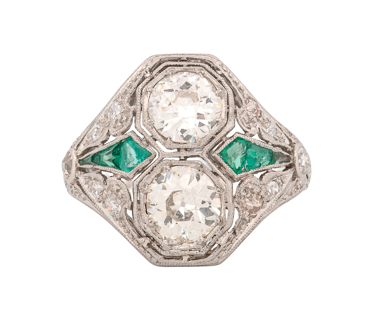 Women's Platinum Original Art Deco Green Glass & 2.25ct Diamond Ring, Size 7
