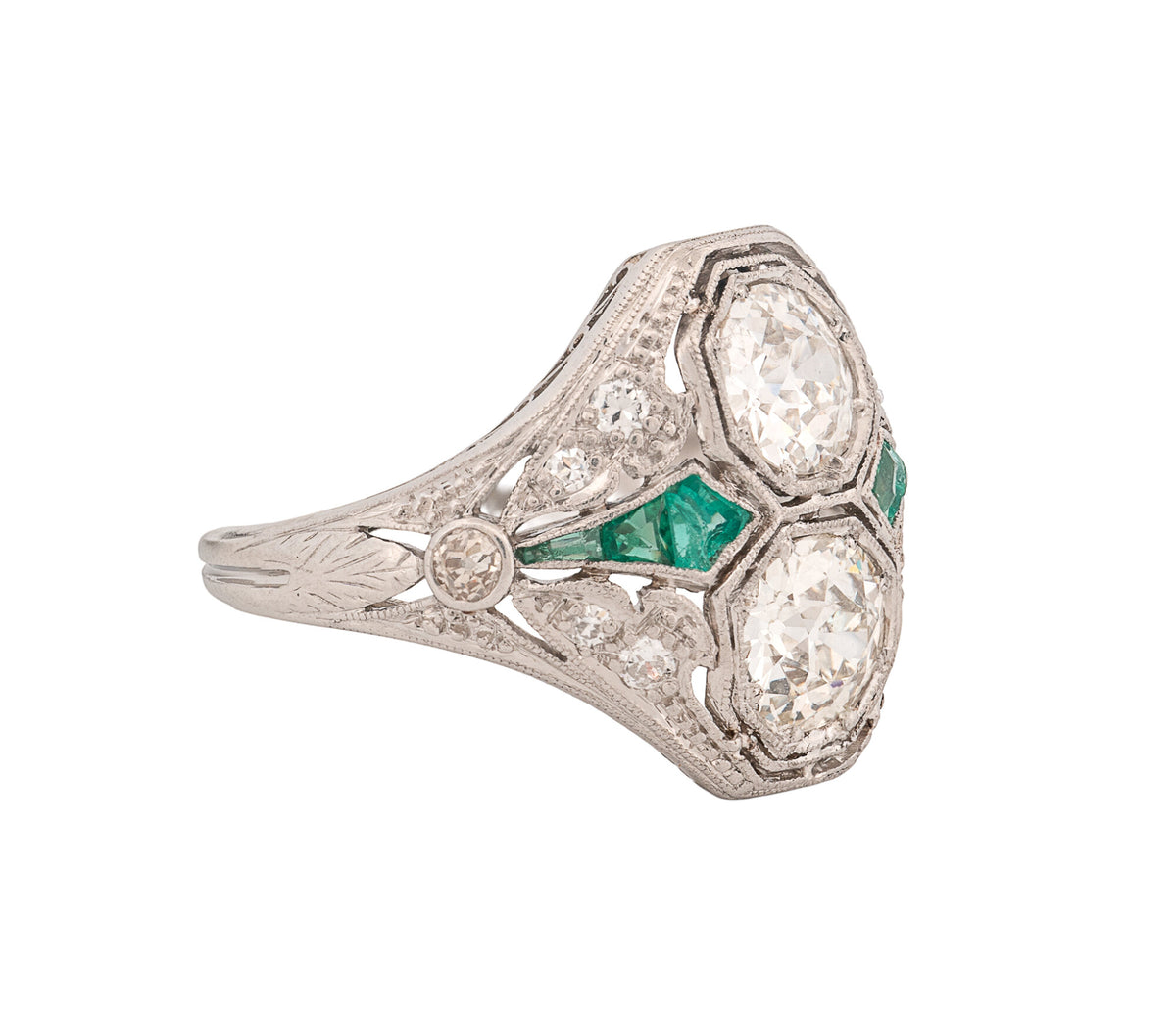 Women's Platinum Original Art Deco Green Glass & 2.25ct Diamond Ring, Size 7