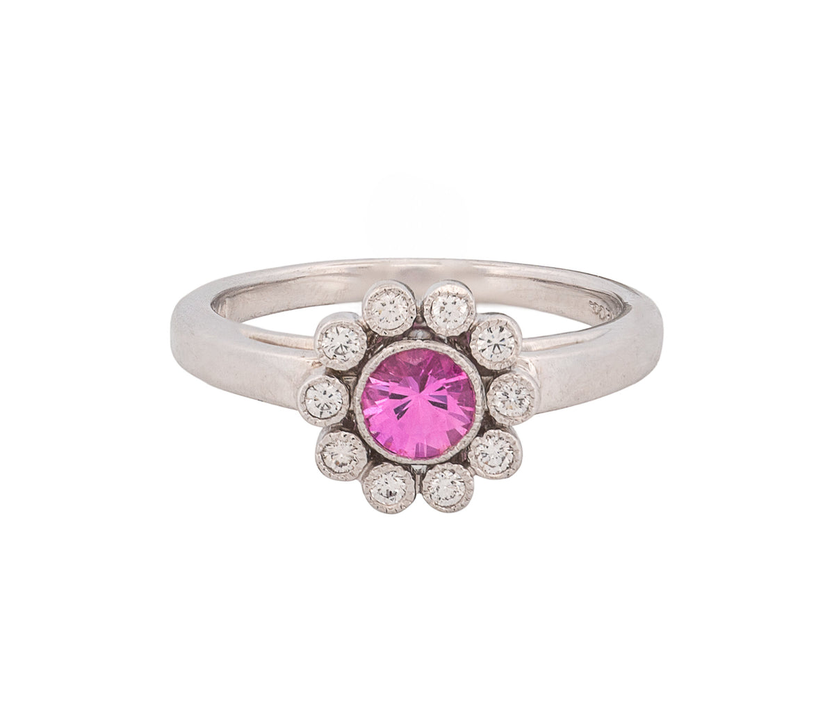 Tiffany & Co Platinum Enchant Pink Sapphire & .10ct Diamond Halo Ring