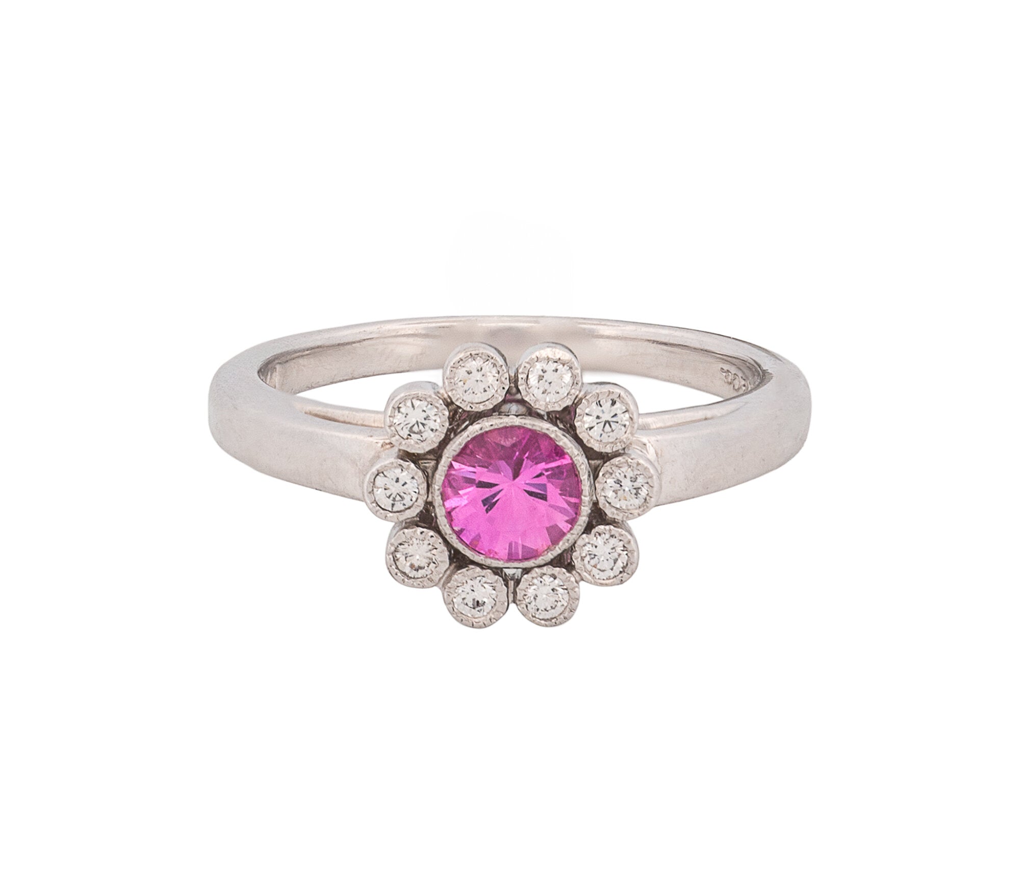 Tiffany & Co Platinum Enchant Pink Sapphire & .10ct Diamond Halo Ring