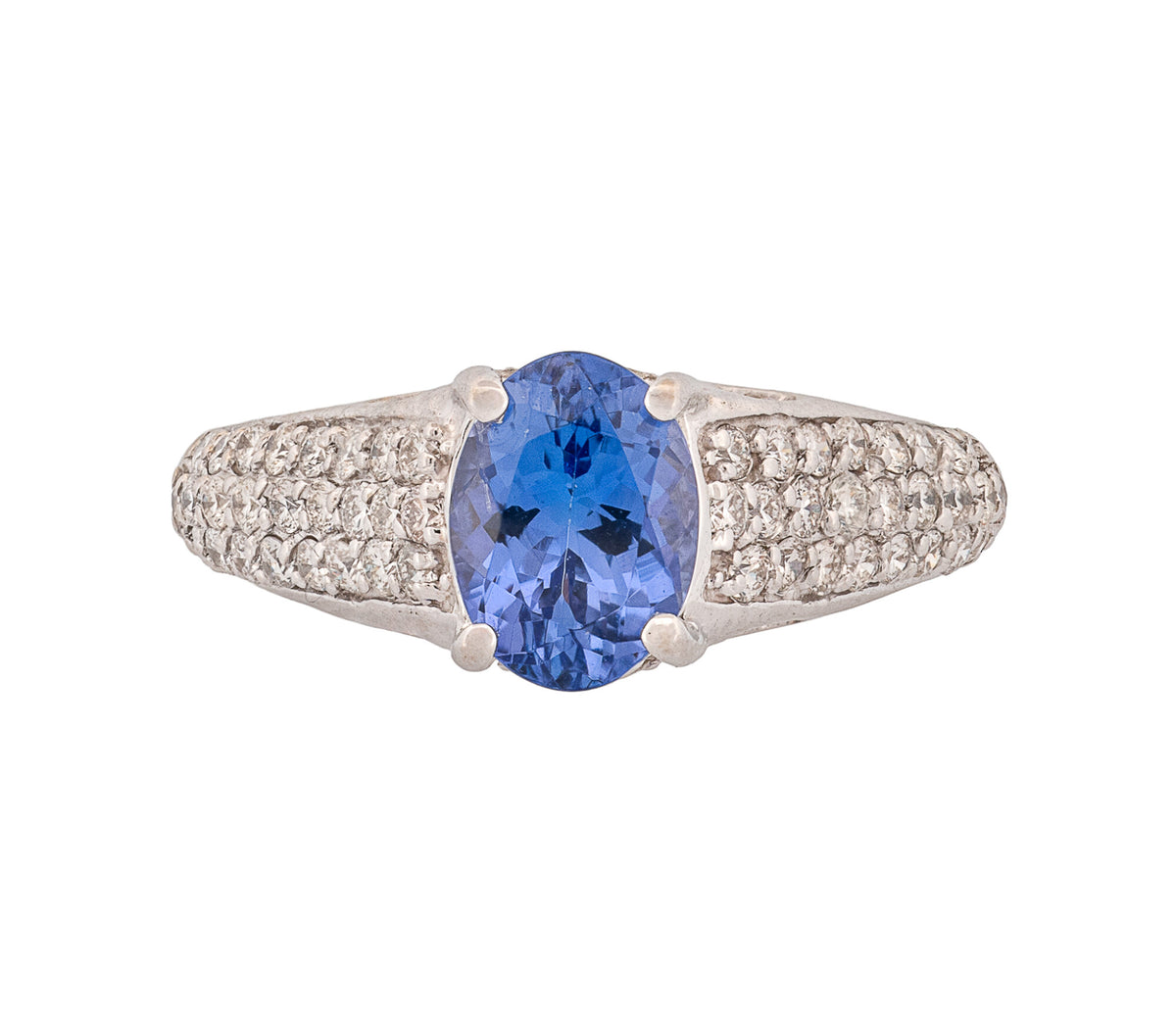 14K White Gold 1.48ct Tanzanite & Diamond Pave Cathedral Style Ring