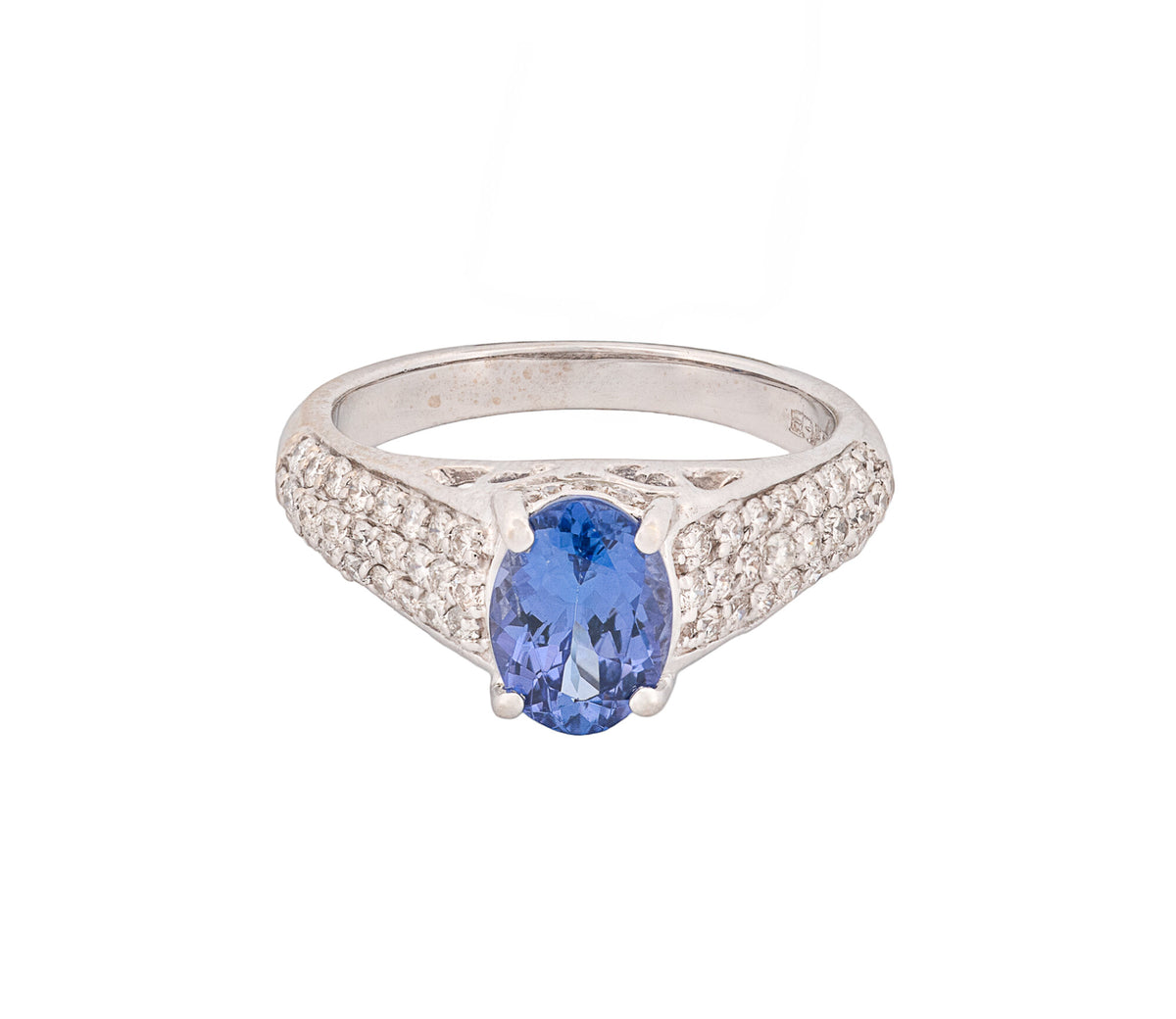14K White Gold 1.48ct Tanzanite & Diamond Pave Cathedral Style Ring