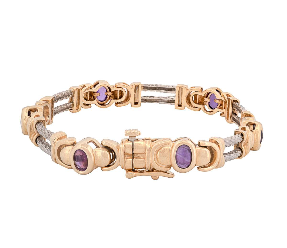 14K Yellow & White Gold 2.28 Ct Amethyst Cabochon Double Rope Link Bracelet