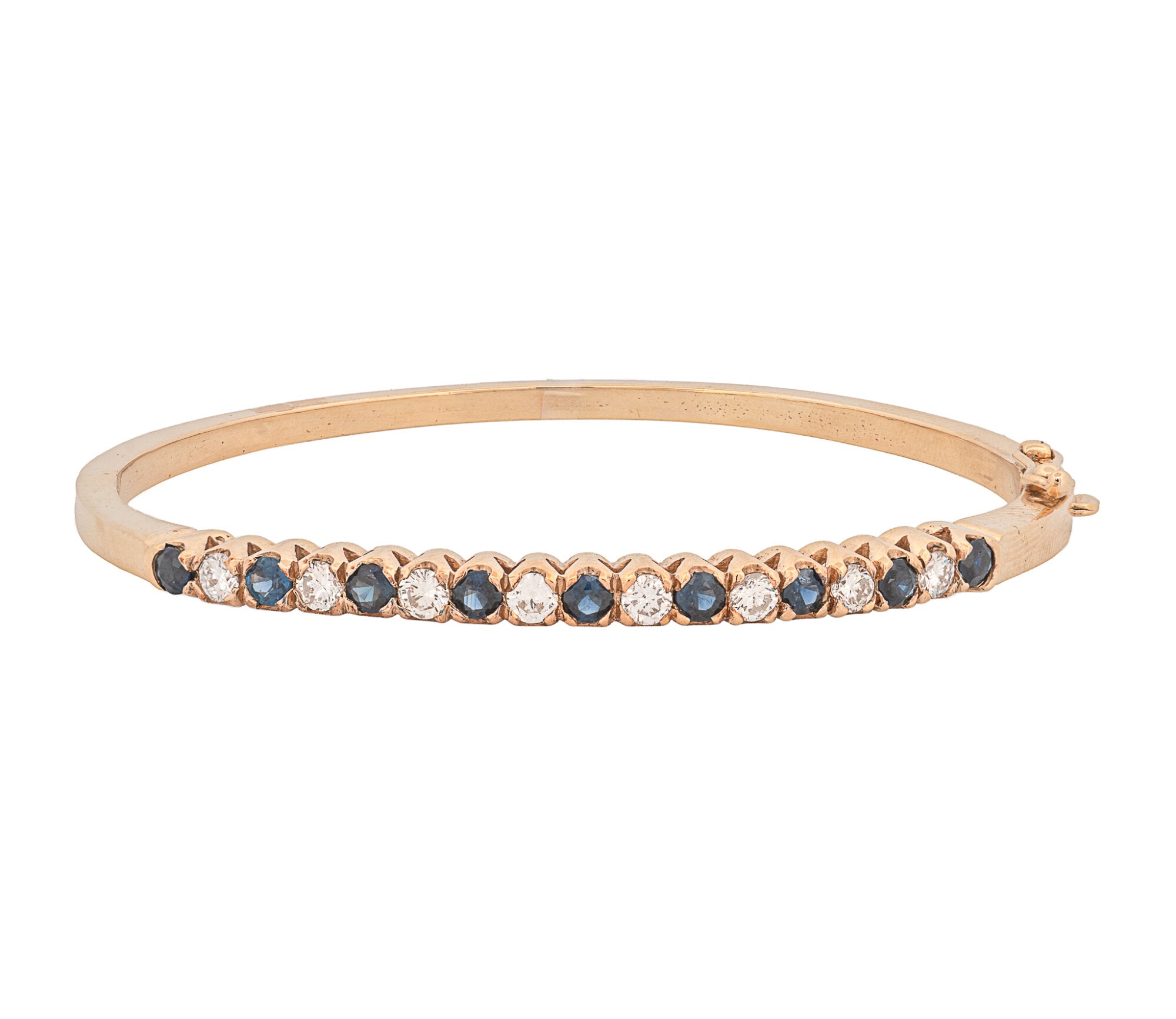 14K Yellow Gold Diamond and Natural Sapphire Hinged Bangle Bracelet