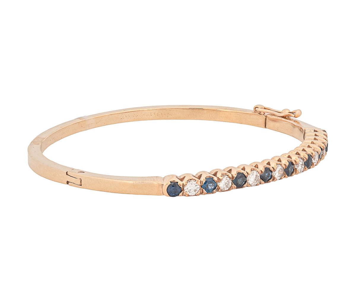14K Yellow Gold Diamond and Natural Sapphire Hinged Bangle Bracelet