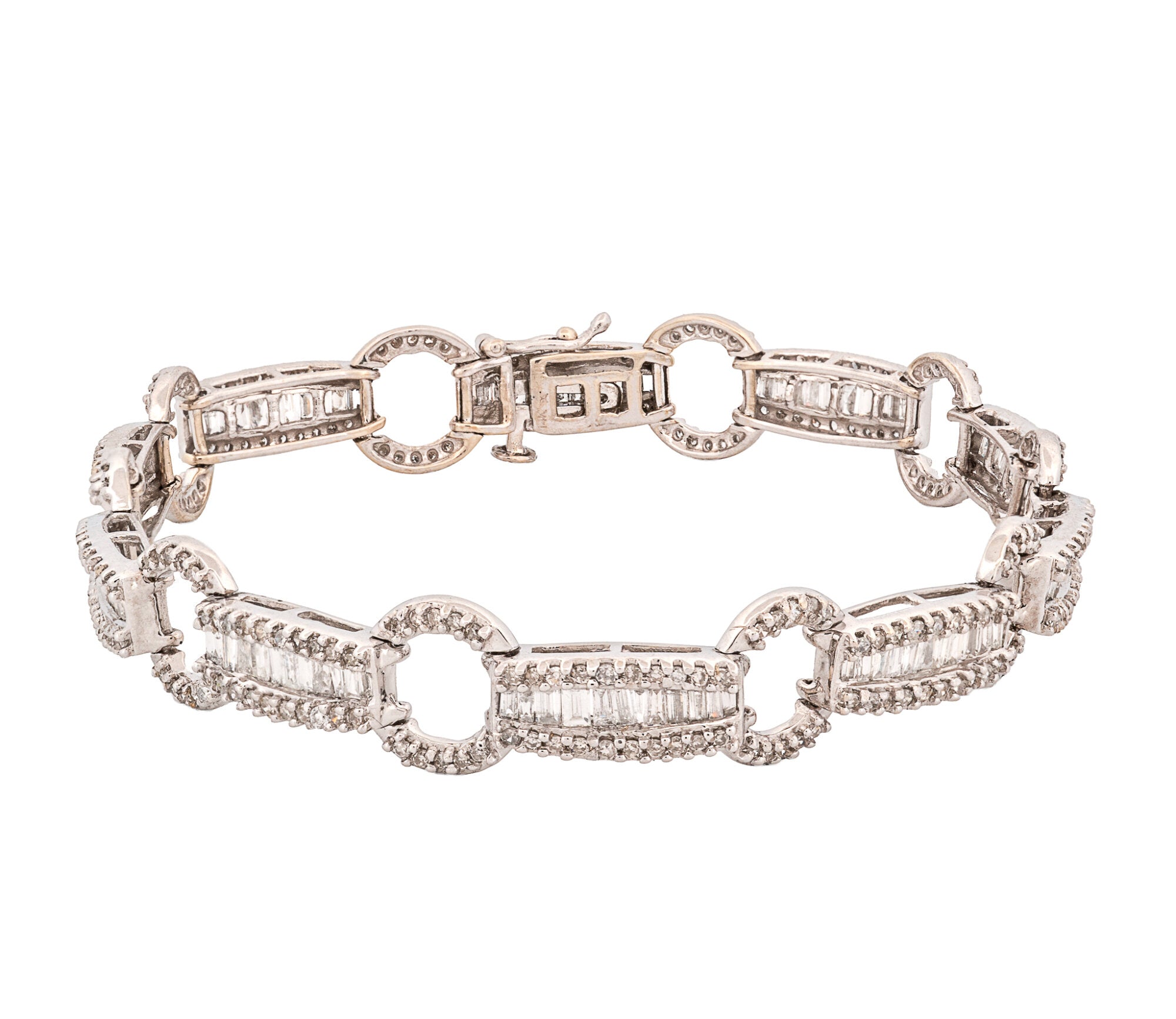 14K White Gold Baguette & Round Cut Diamond Open Circle Link Bracelet