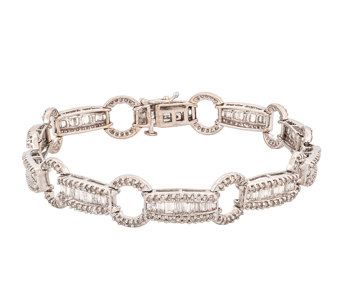 14K White Gold Baguette & Round Cut Diamond Open Circle Link Bracelet