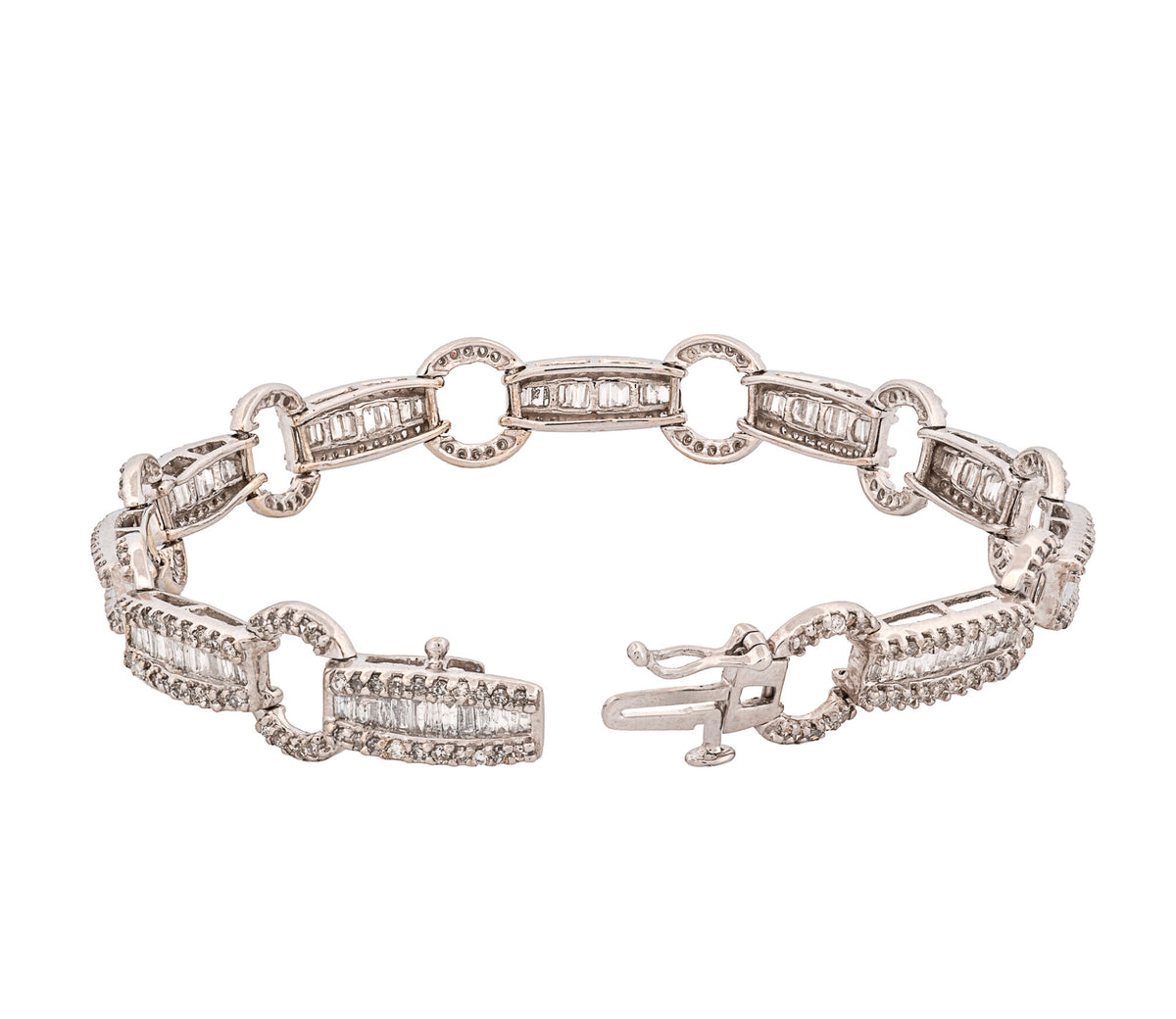 14K White Gold Baguette & Round Cut Diamond Open Circle Link Bracelet
