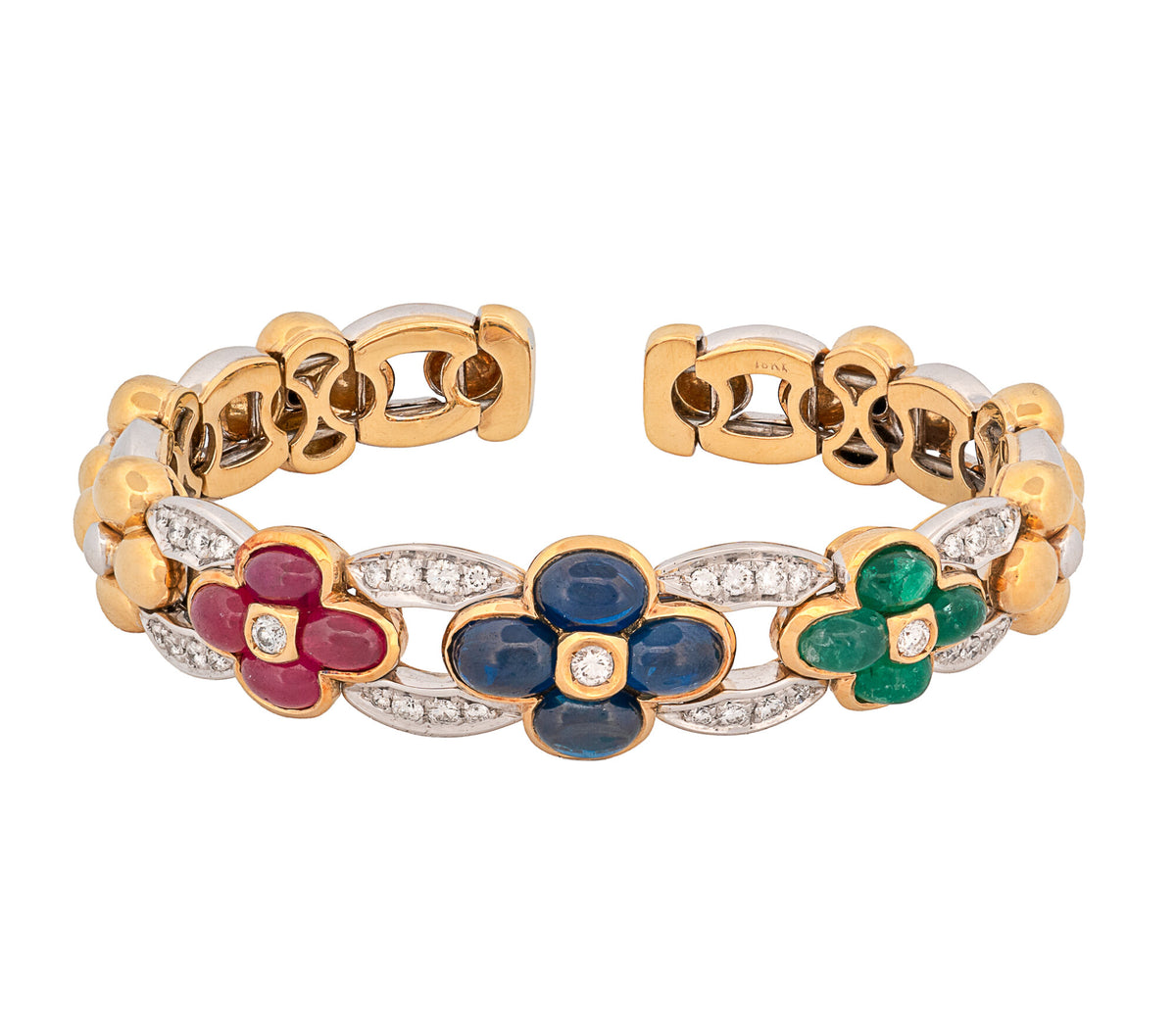 18K White & Yellow Gold Natural Ruby, Sapphire, Emerald, & Diamond Bracelet