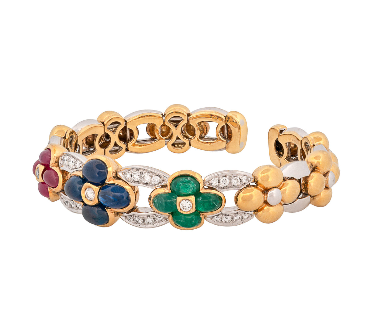18K White & Yellow Gold Natural Ruby, Sapphire, Emerald, & Diamond Bracelet