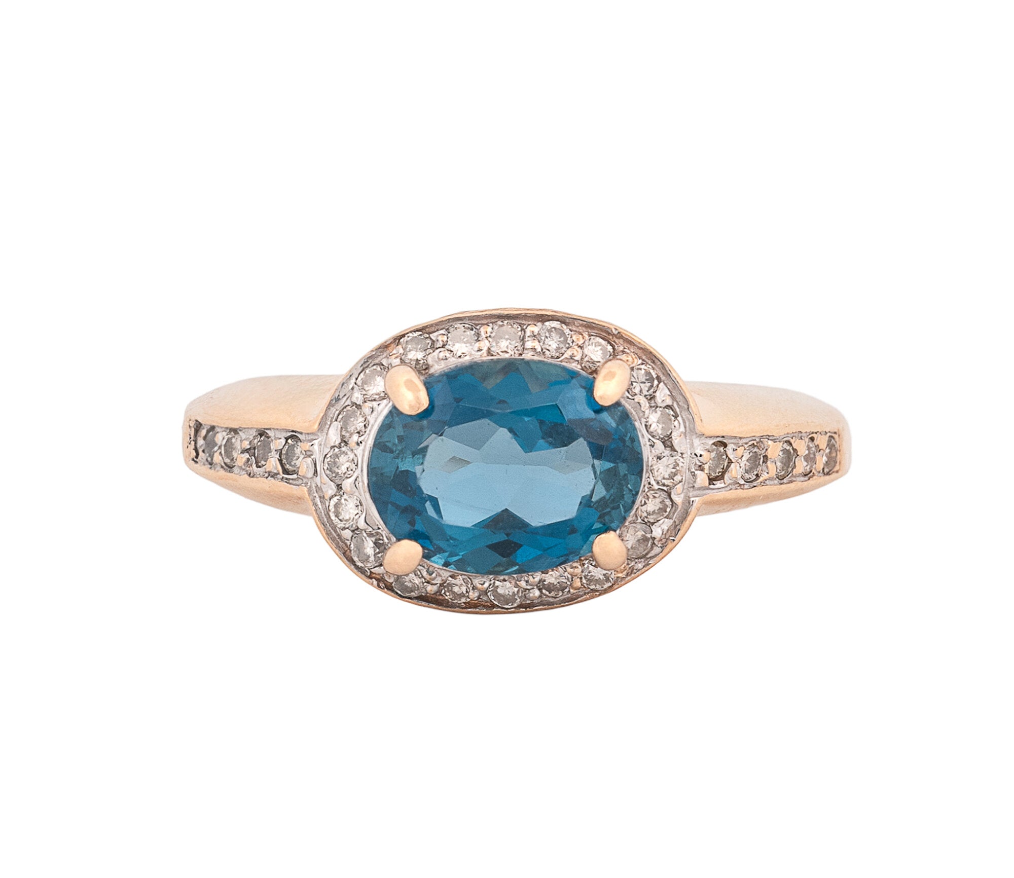 14K Yellow Gold London Blue Topaz and Diamond East-West Set Halo Style Ring