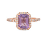 14K Rose Gold Diamond and Amethyst Emerald Shaped Halo Style Ring