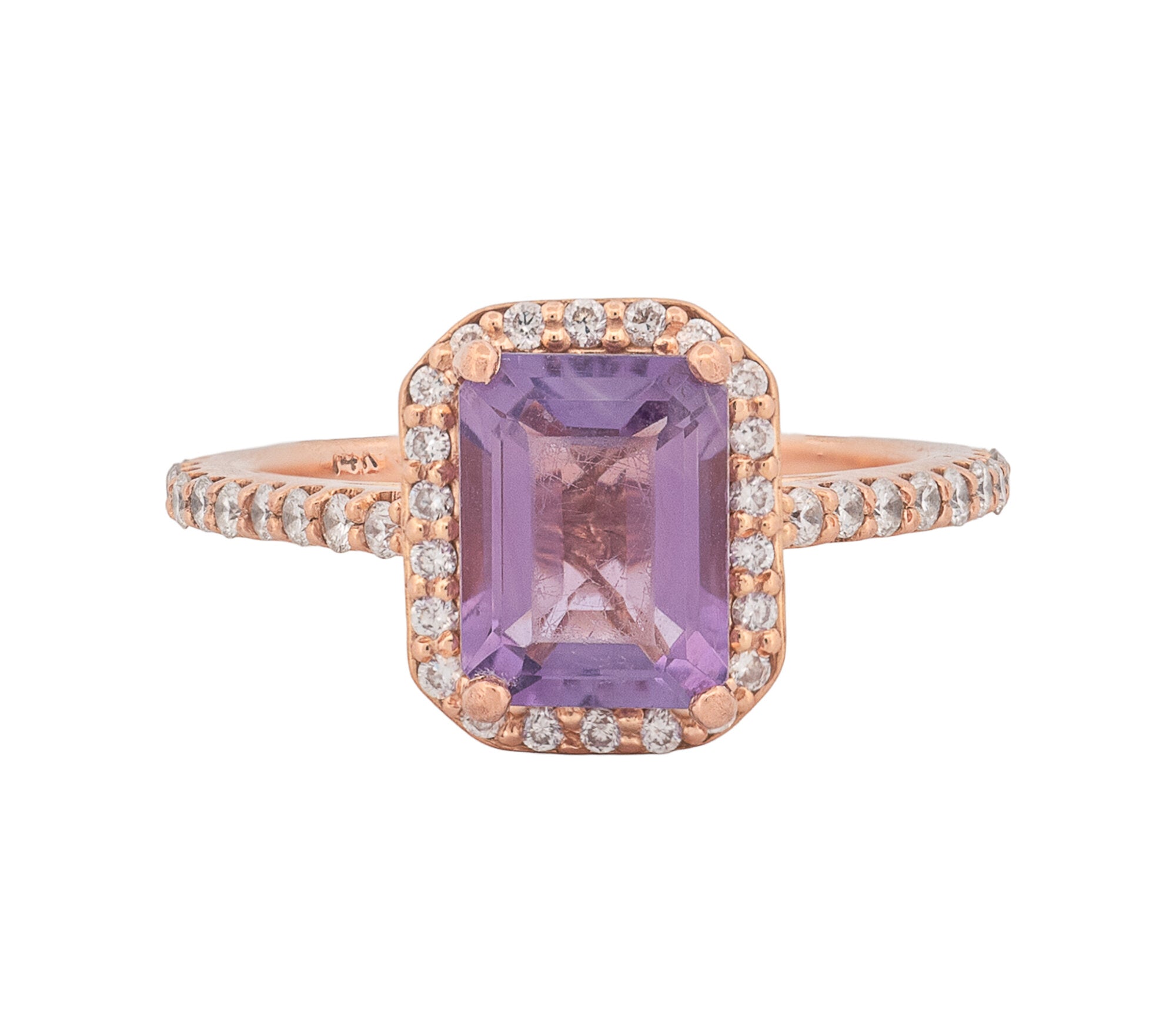 14K Rose Gold Diamond and Amethyst Emerald Shaped Halo Style Ring