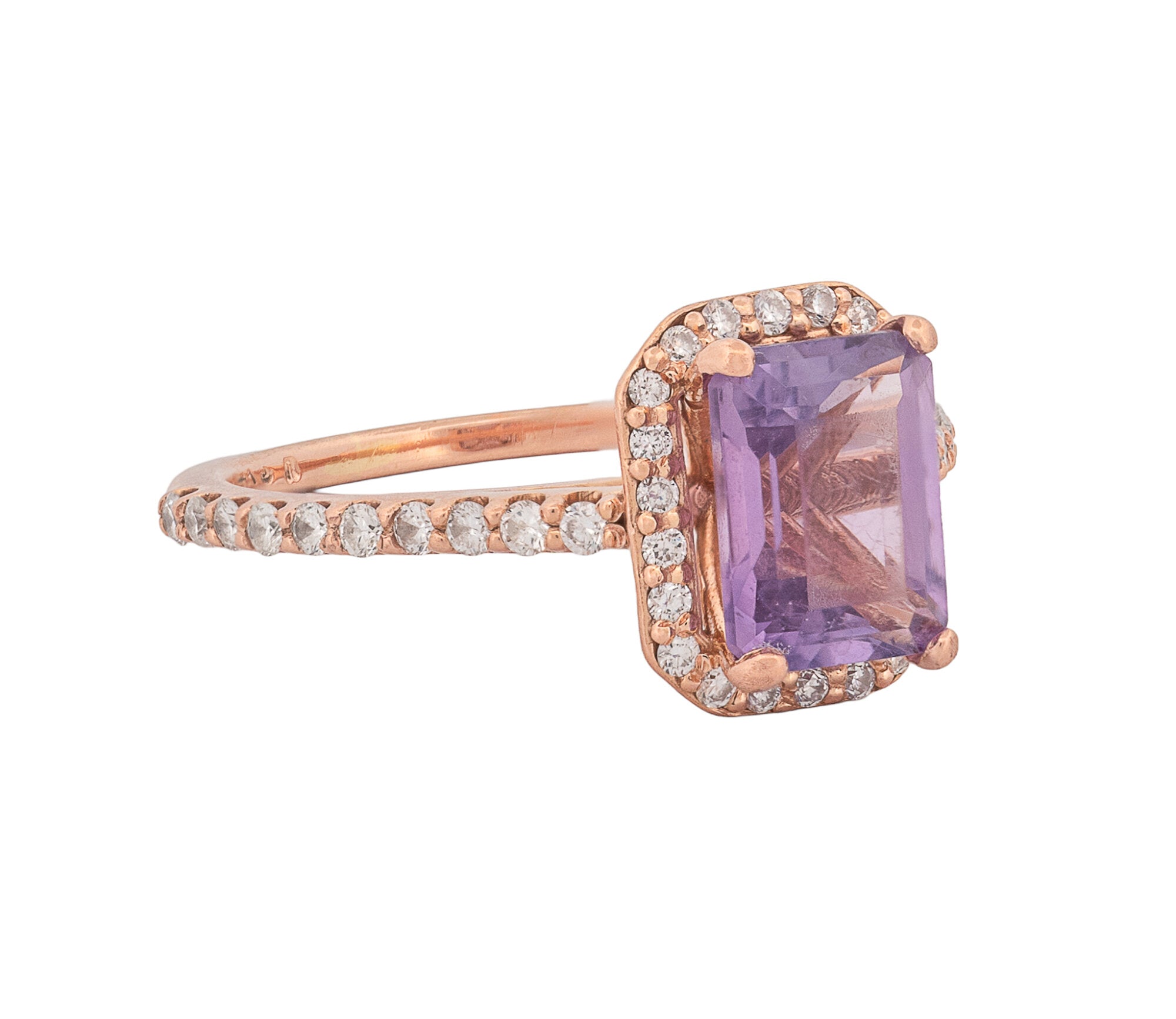 14K Rose Gold Diamond and Amethyst Emerald Shaped Halo Style Ring