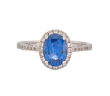 14K White Gold Natural Blue Sapphire and Diamond Oval Shaped Halo Style Ring