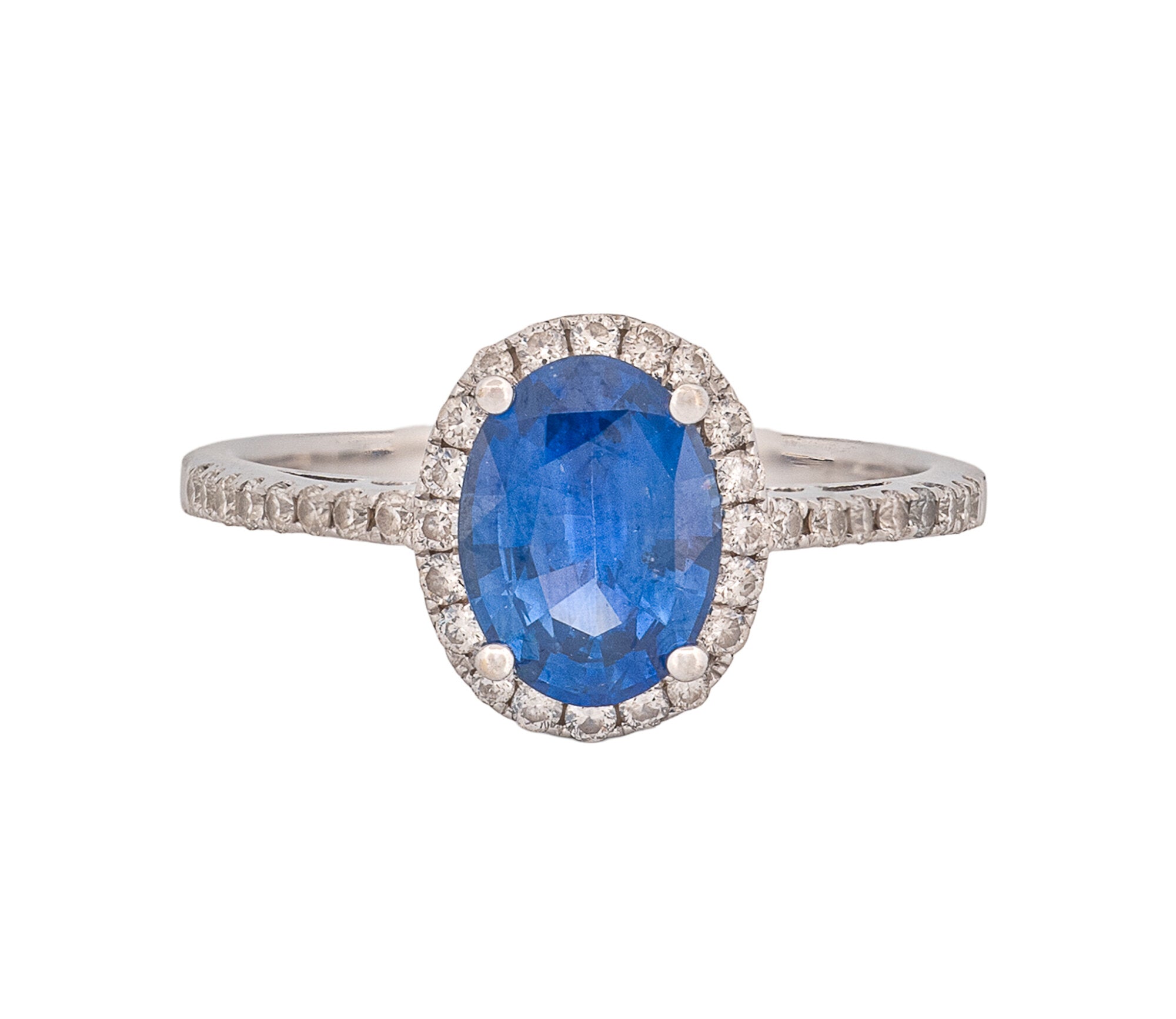 14K White Gold Natural Blue Sapphire and Diamond Oval Shaped Halo Style Ring