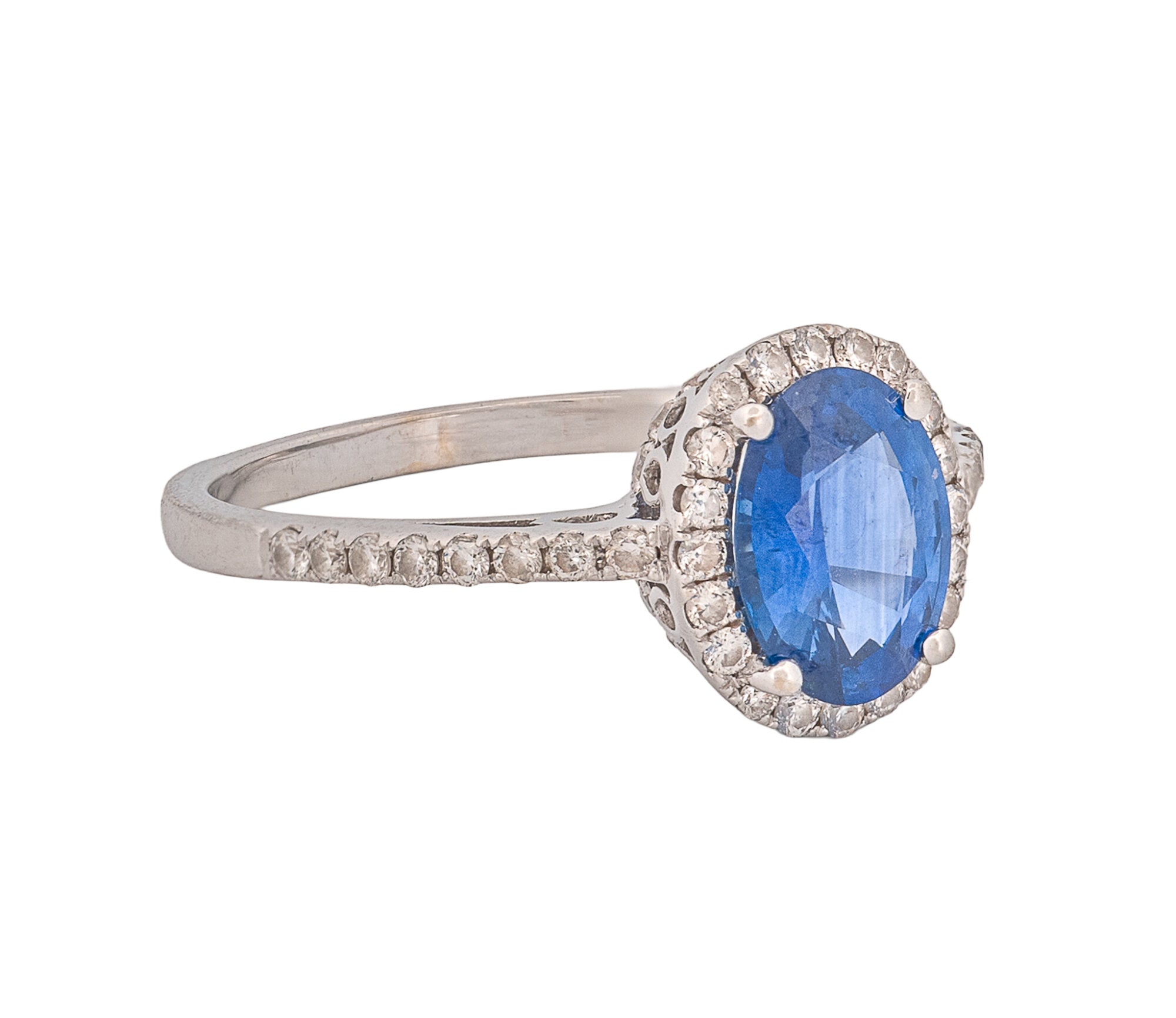14K White Gold Natural Blue Sapphire and Diamond Oval Shaped Halo Style Ring