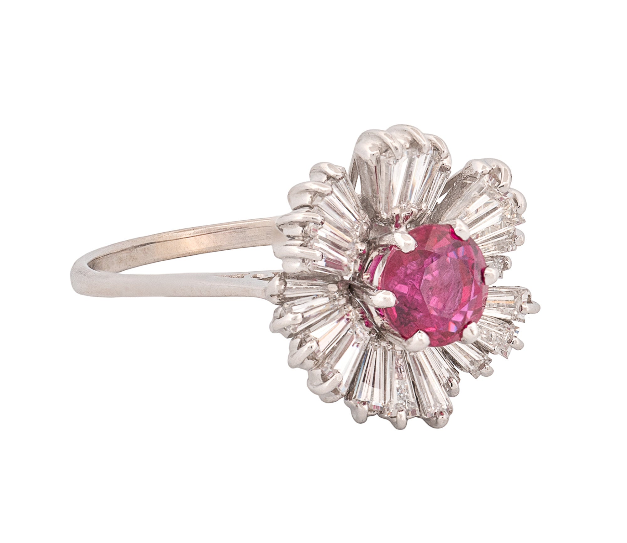 14K White Gold Natural Ruby and Diamond Ballerina Style Halo Ring