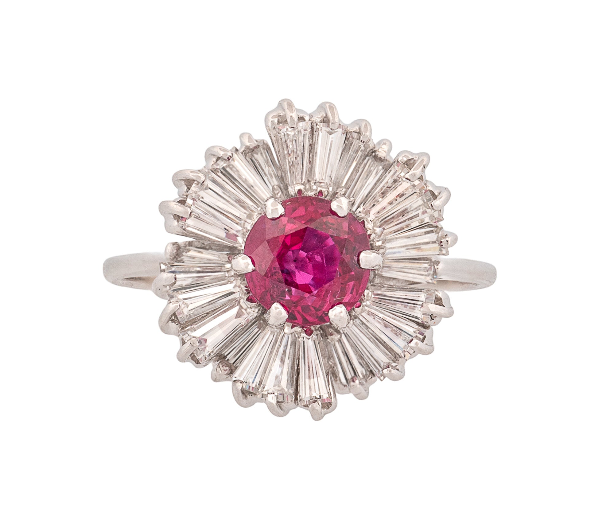14K White Gold Natural Ruby and Diamond Ballerina Style Halo Ring