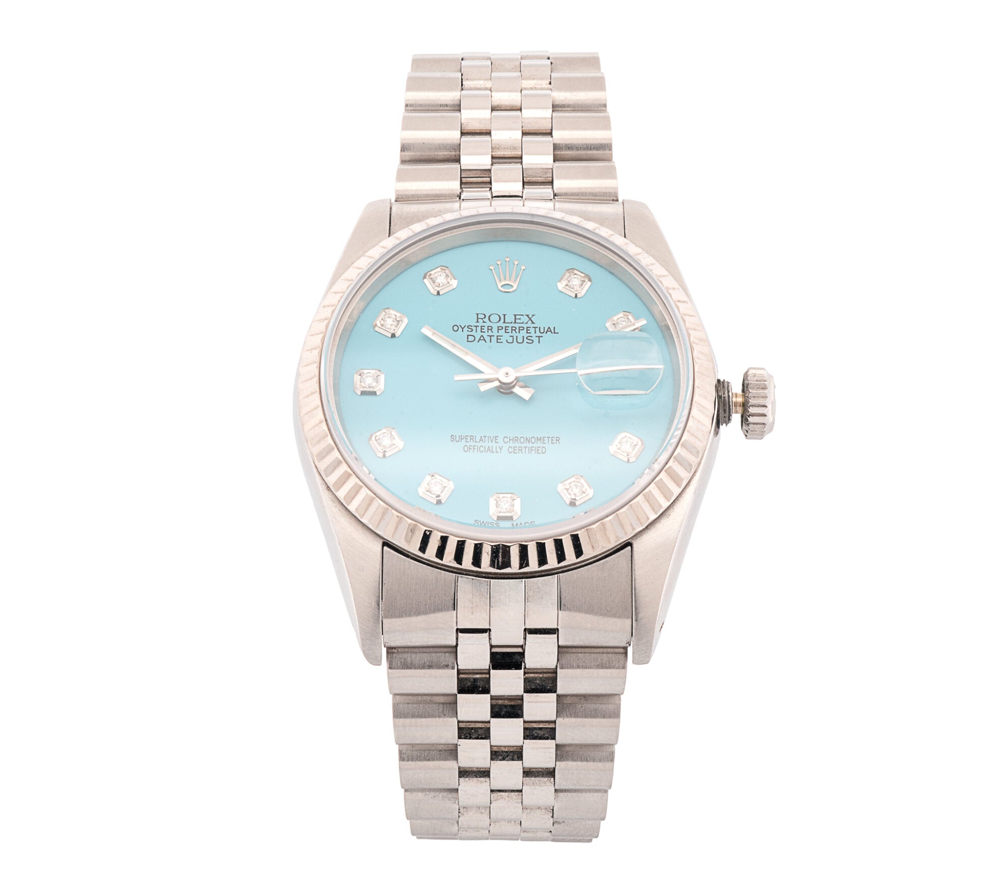 Rolex Datejust 36mm Stainless Steel Tiffany Blue Diamond Dial Automatic Watch Model 16234 Mint Condition
