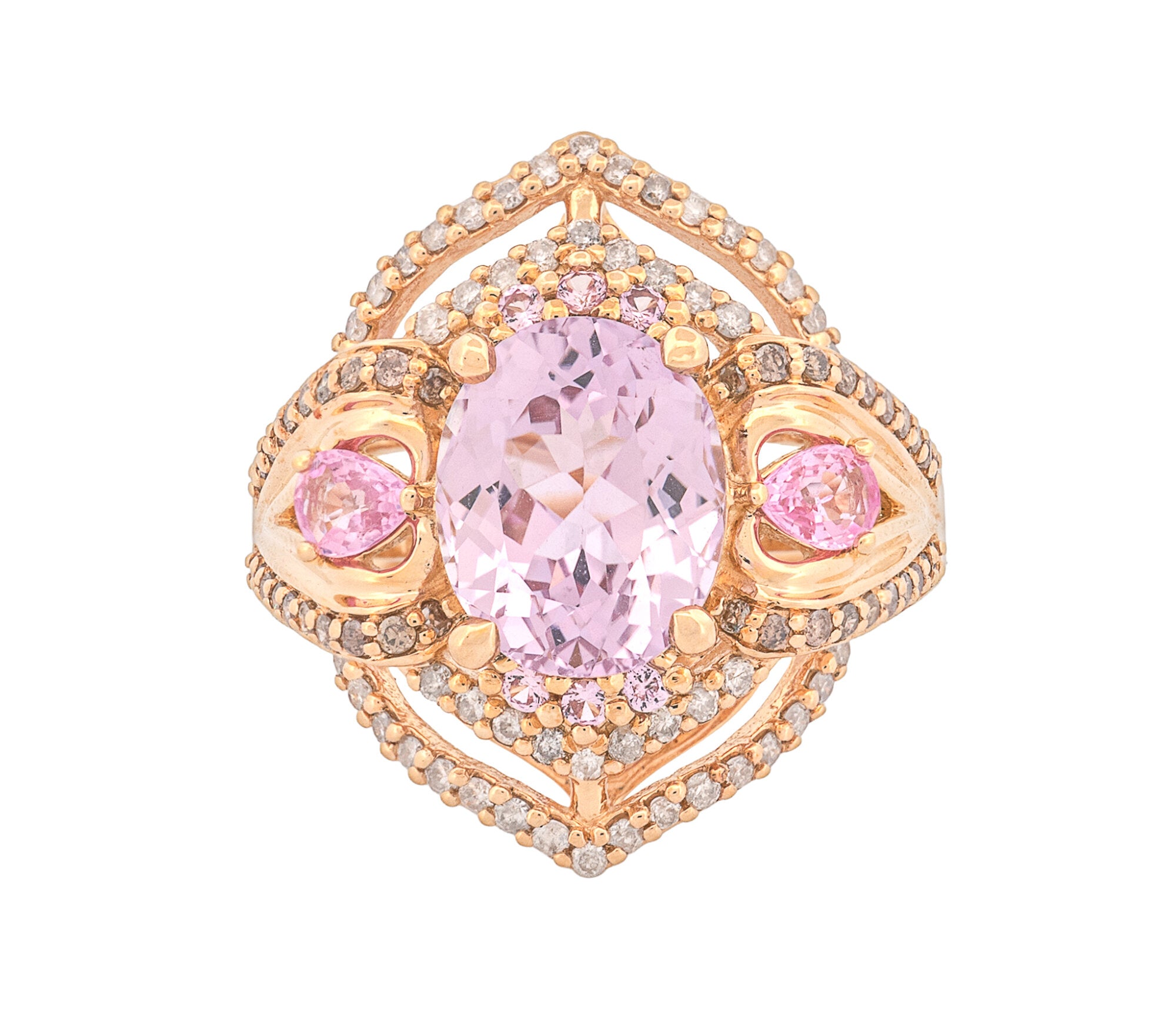 14K Yellow Gold Kunzite , Diamond and Natural Pink Sapphire Ornate Ring