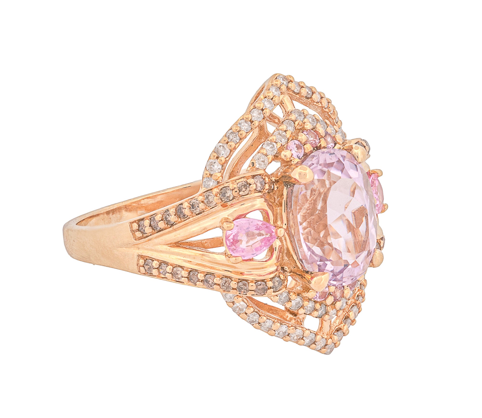 14K Yellow Gold Kunzite , Diamond and Natural Pink Sapphire Ornate Ring