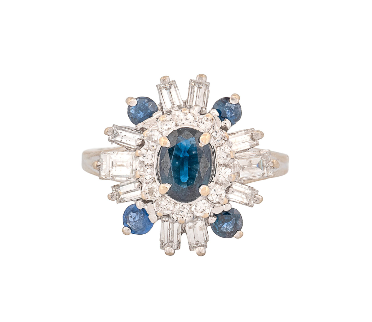 14K White Gold Diamond & Natural Sapphire Ballerina Style Ring