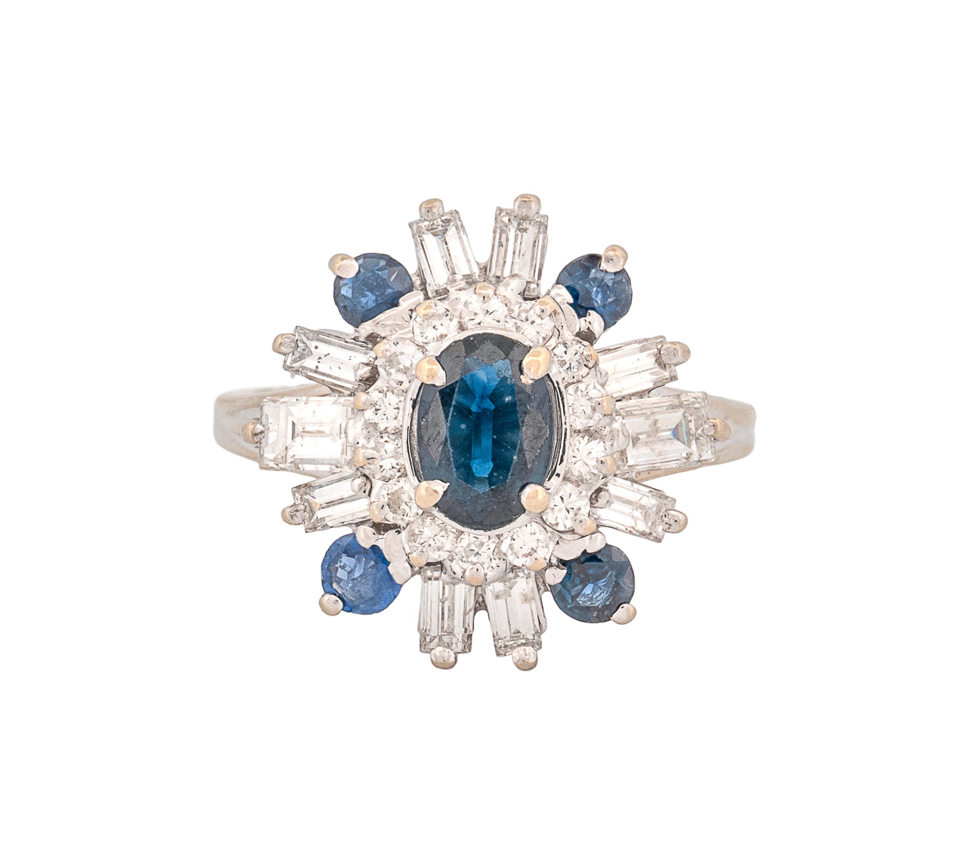 14K White Gold Diamond & Natural Sapphire Ballerina Style Ring