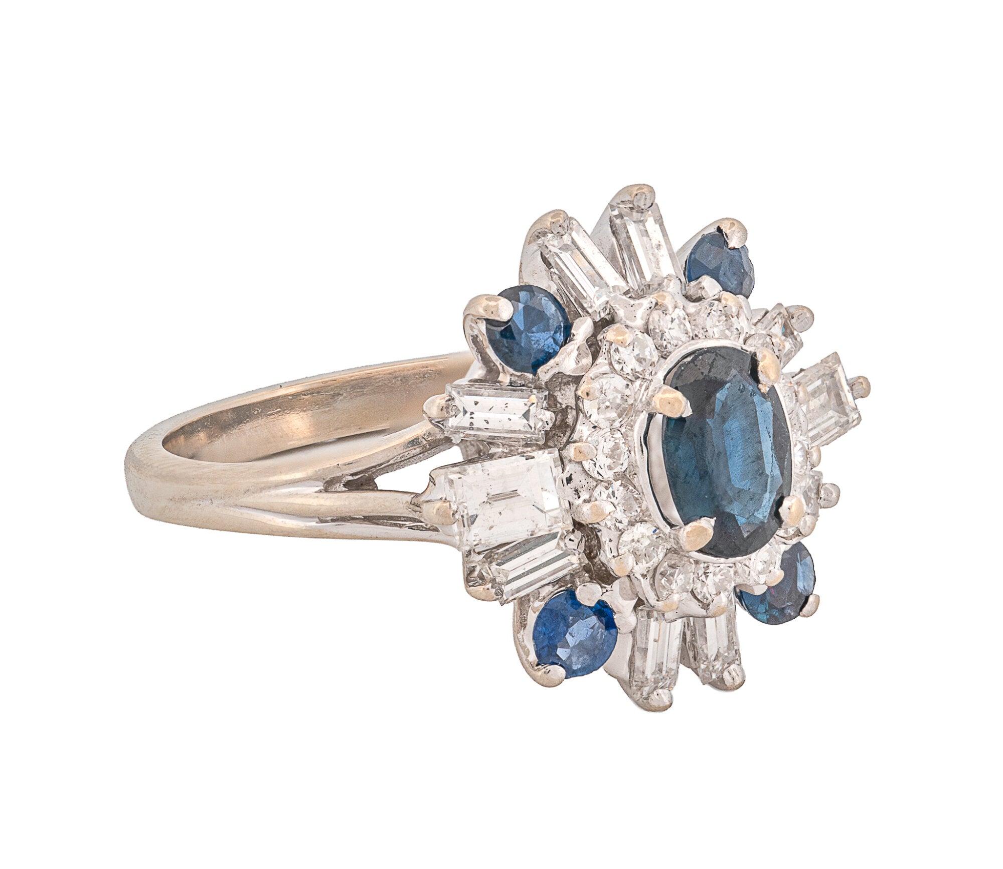 14K White Gold Diamond & Natural Sapphire Ballerina Style Ring