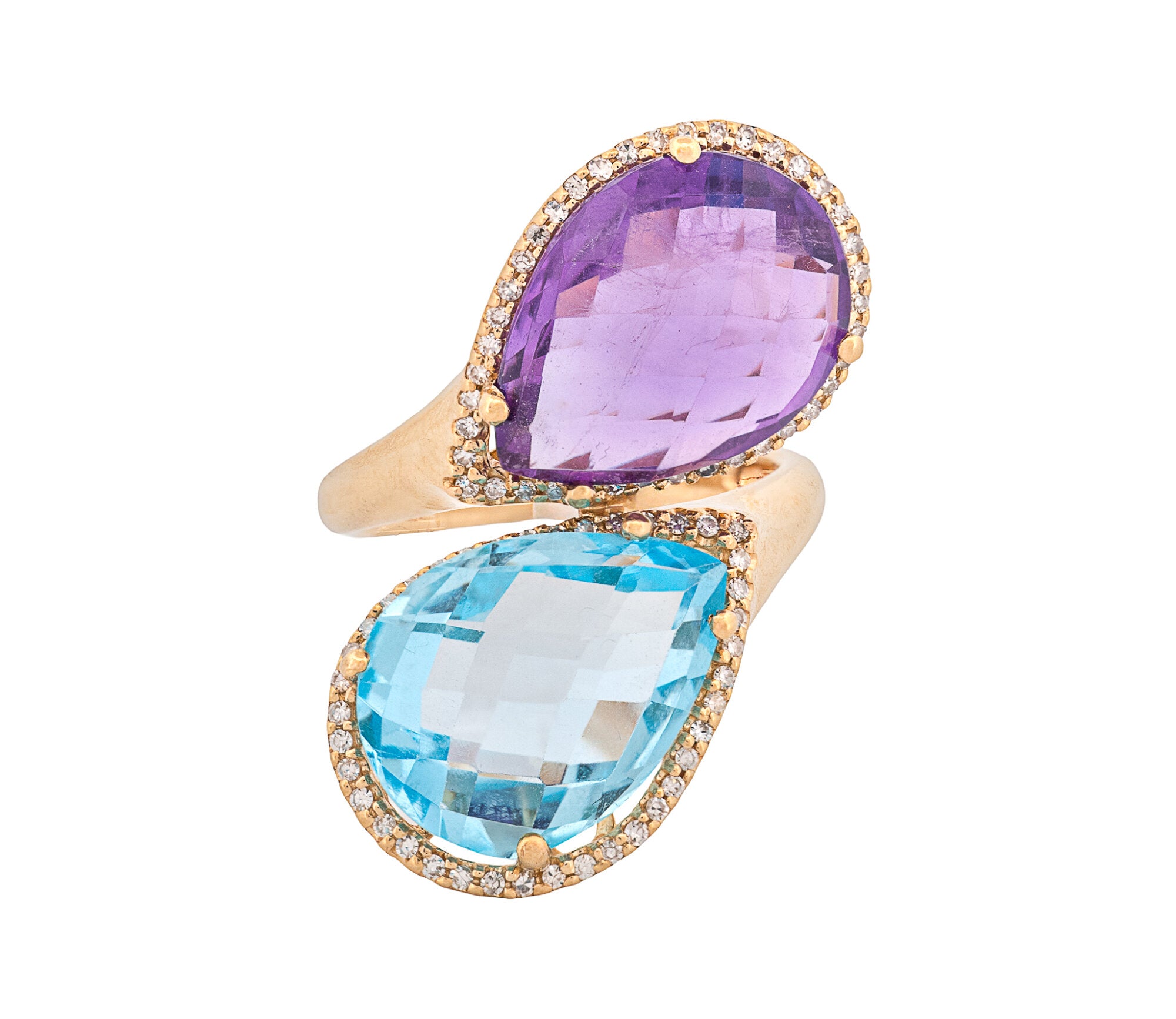 14K White Gold Diamond, Amethyst & Swiss Blue Topaz Halo Bypass Style Ring