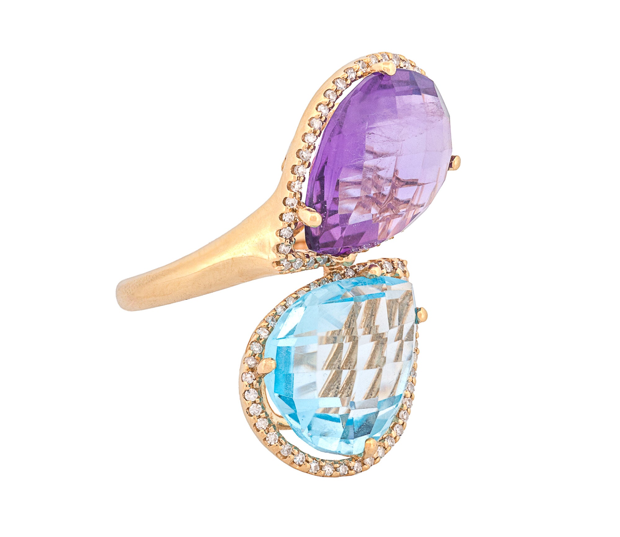 14K White Gold Diamond, Amethyst & Swiss Blue Topaz Halo Bypass Style Ring