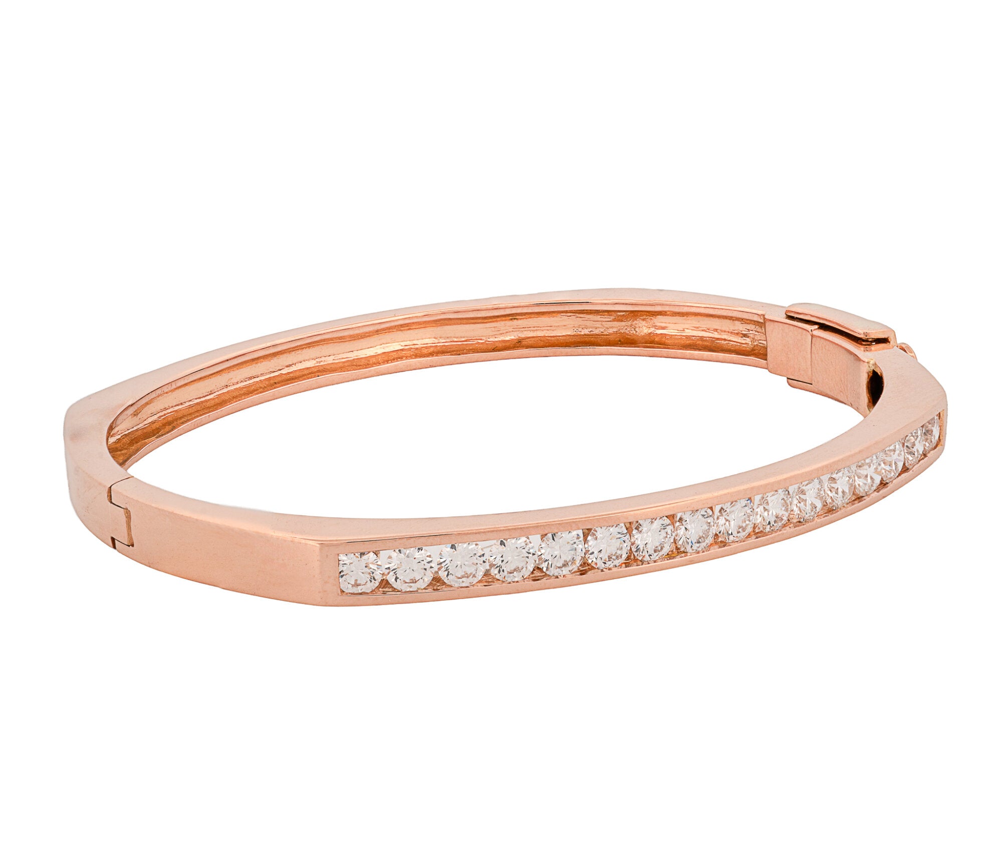 14K Rose Gold Channel Set Diamond Geometric Hinged Bangle Bracelet