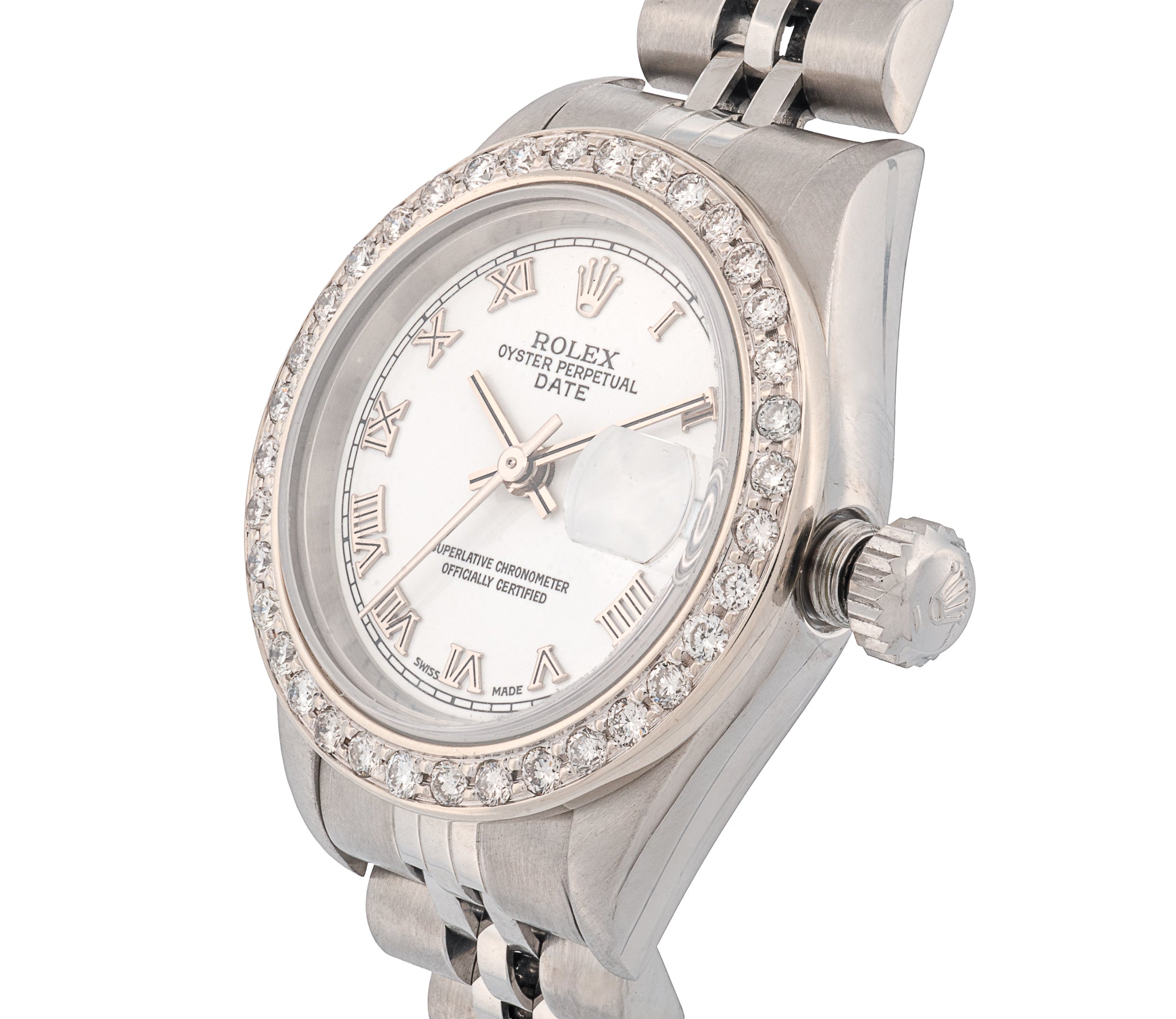 Rolex Datejust Women's 26mm Stainless Steel Custom Diamond Bezel White Dial Automatic Watch with Sapphire Crystal