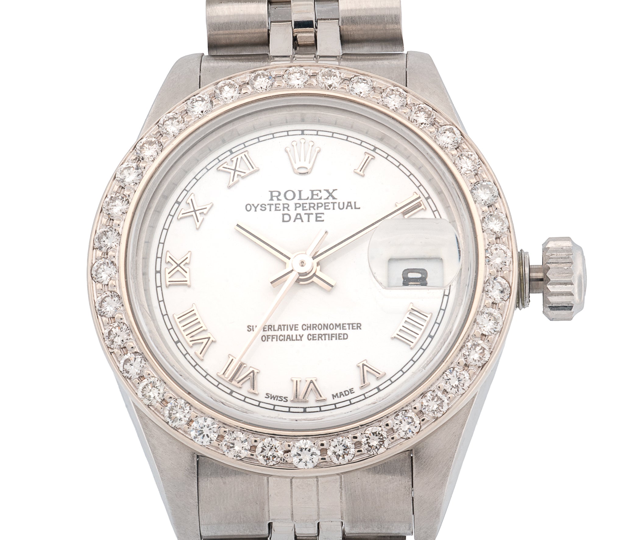 Rolex Datejust Women's 26mm Stainless Steel Custom Diamond Bezel White Dial Automatic Watch with Sapphire Crystal