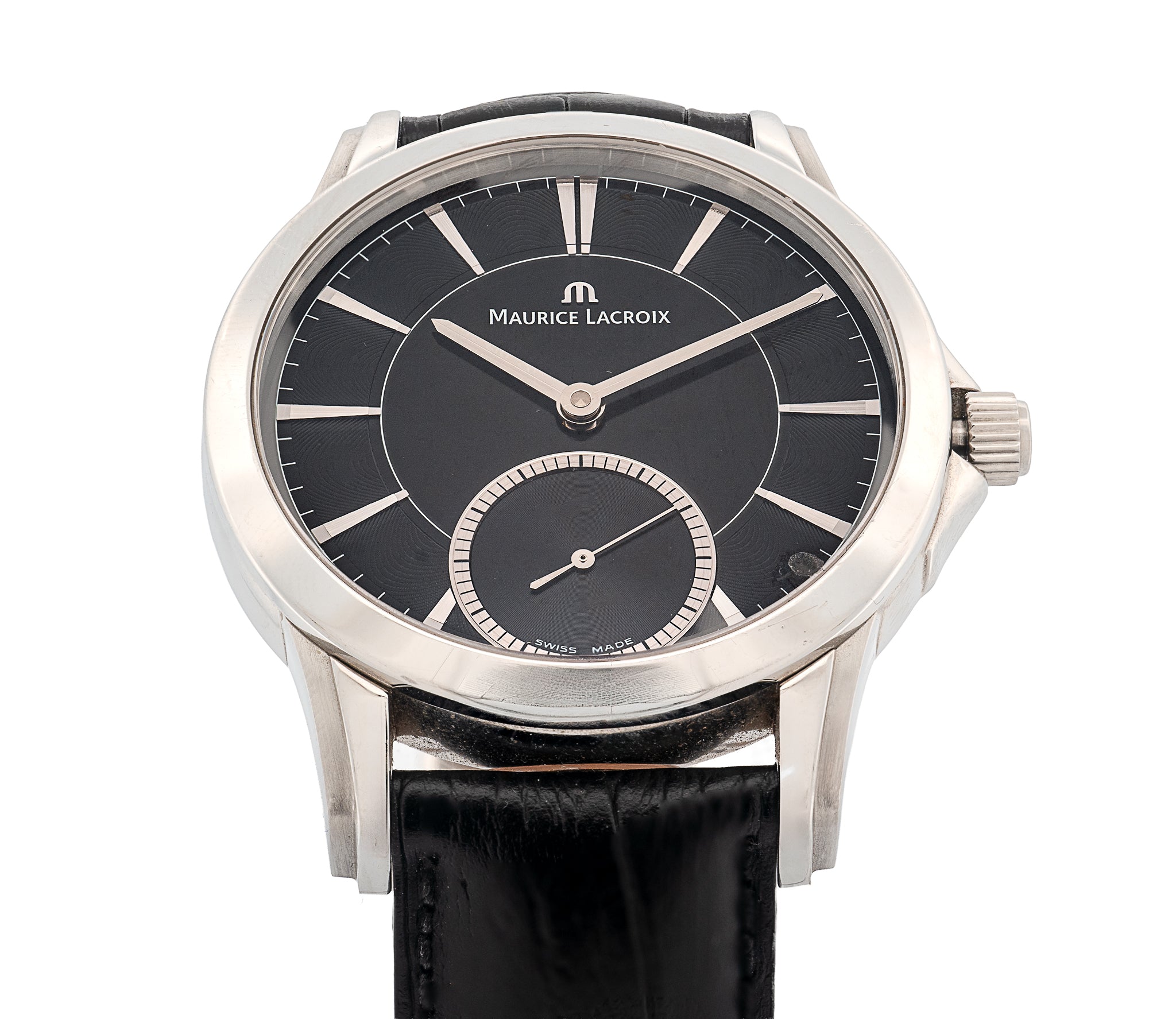 Maurice Lacroix Pontos PT-7518 43mm Black Dial Stainless Steel Manual Wind Men's Watch with Leather Band & Skeleton Caseback