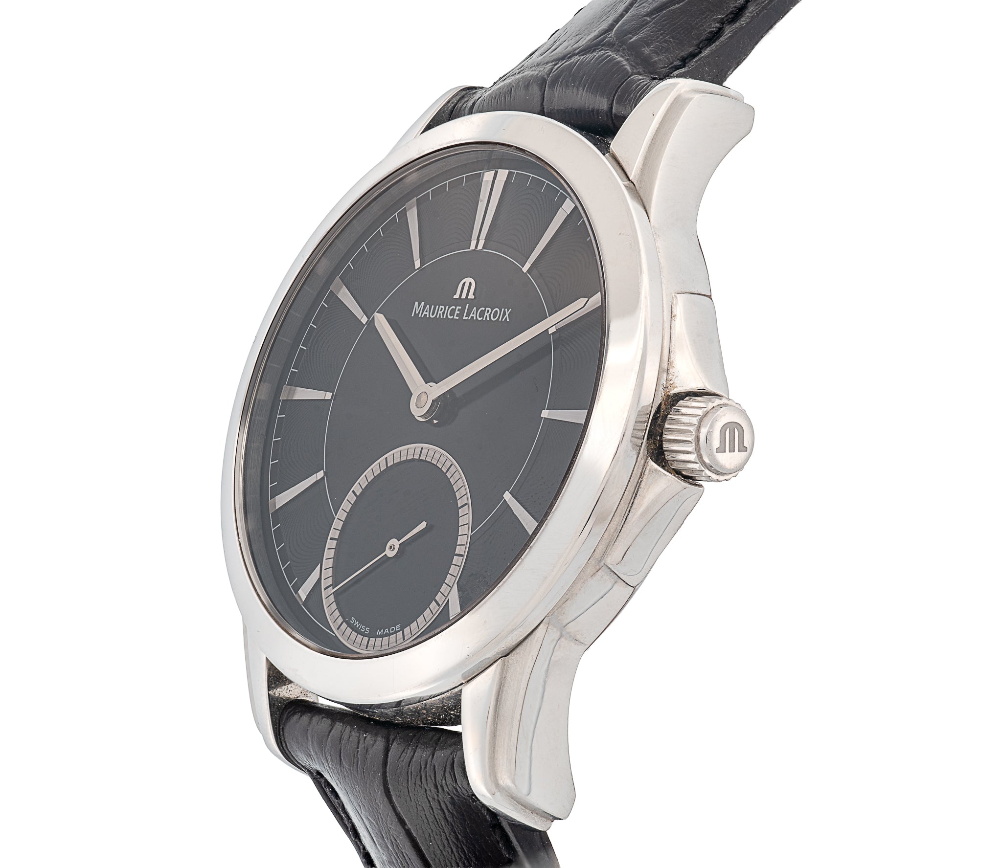 Maurice Lacroix Pontos PT-7518 43mm Black Dial Stainless Steel Manual Wind Men's Watch with Leather Band & Skeleton Caseback