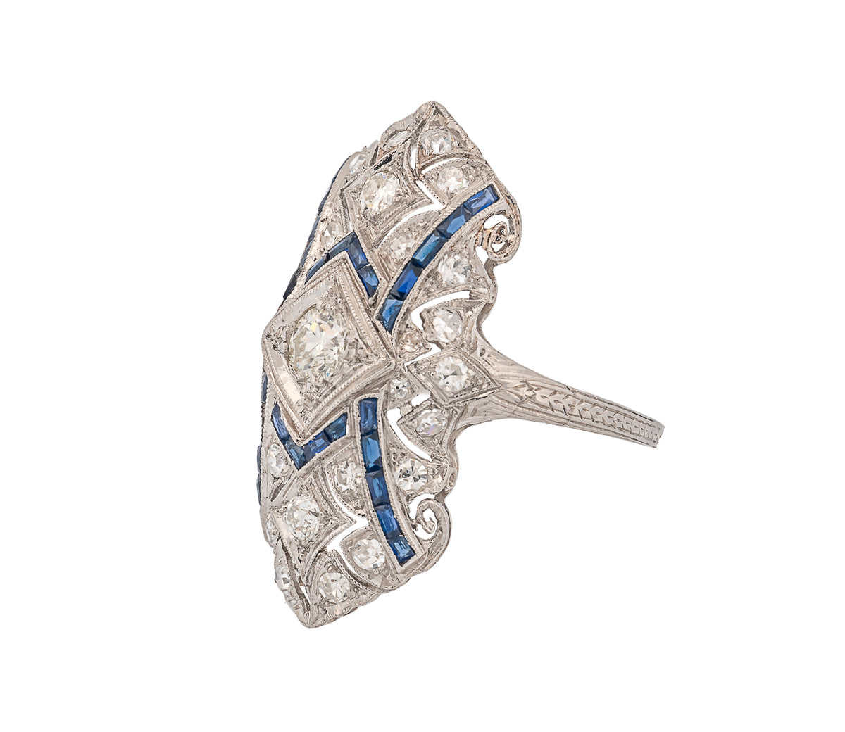 Platinum Antique Diamond & Blue Sapphire Ring