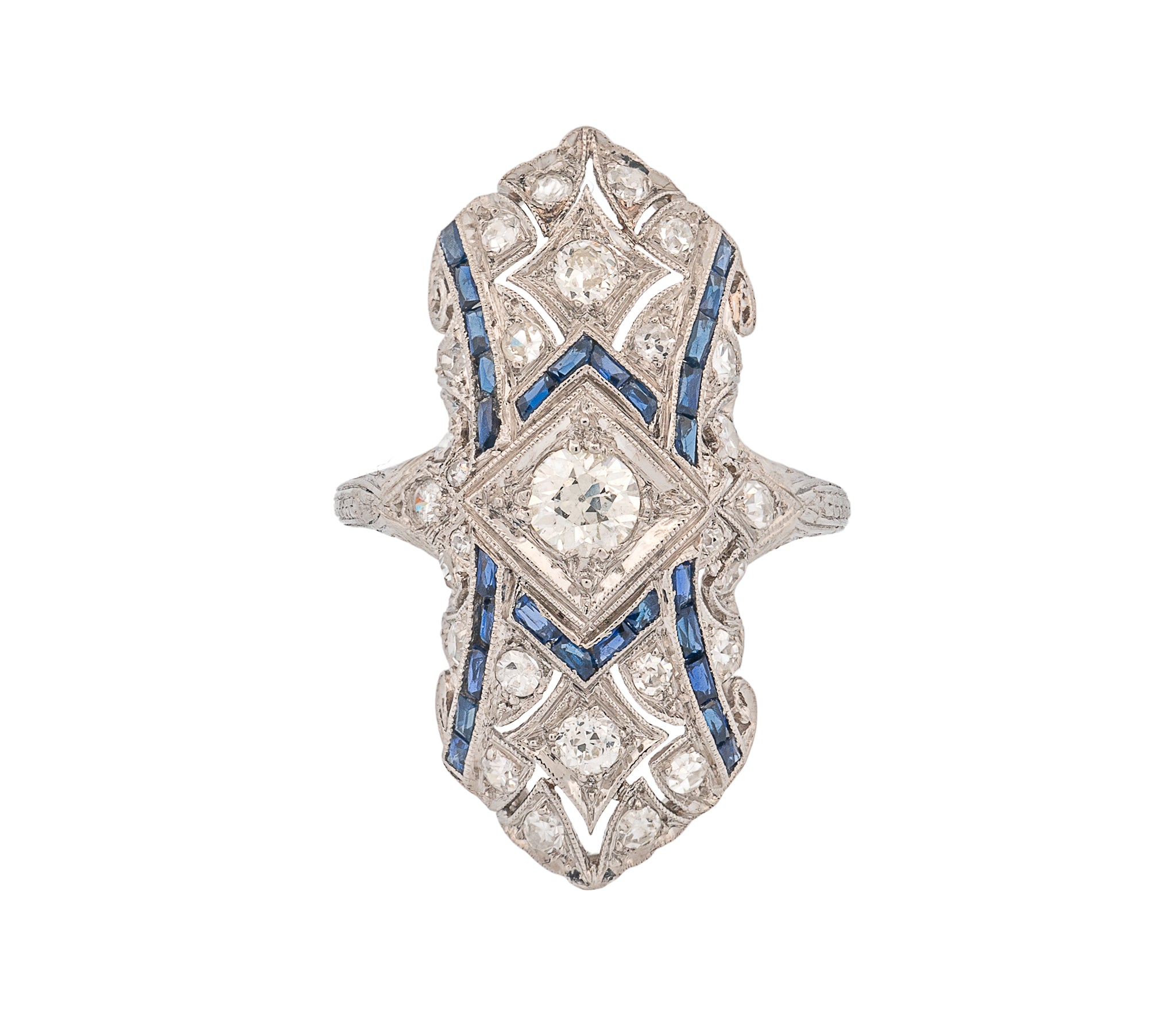 Platinum Antique Diamond & Blue Sapphire Ring