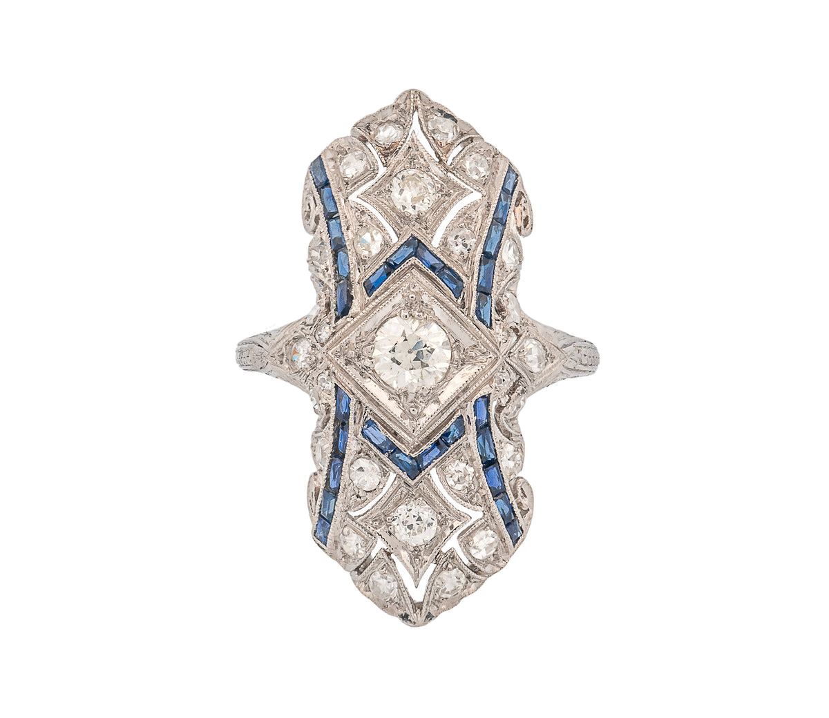 Platinum Antique Diamond & Blue Sapphire Ring