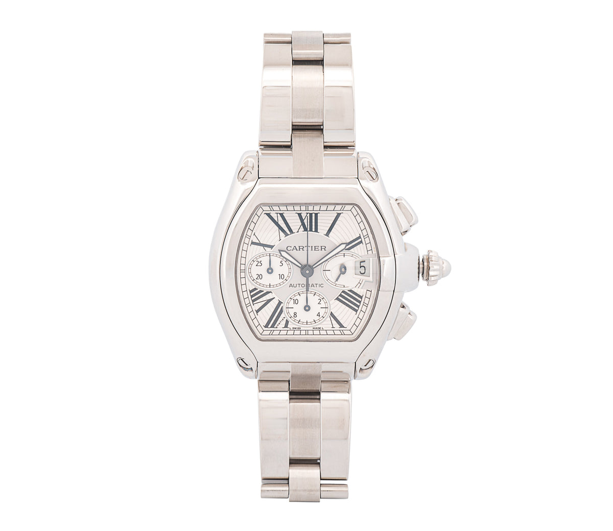 Cartier Roadster XL Chronograph Automatic Men's Watch 2618 44mm Stainless Steel White Roman Numeral Dial Sapphire Crystal