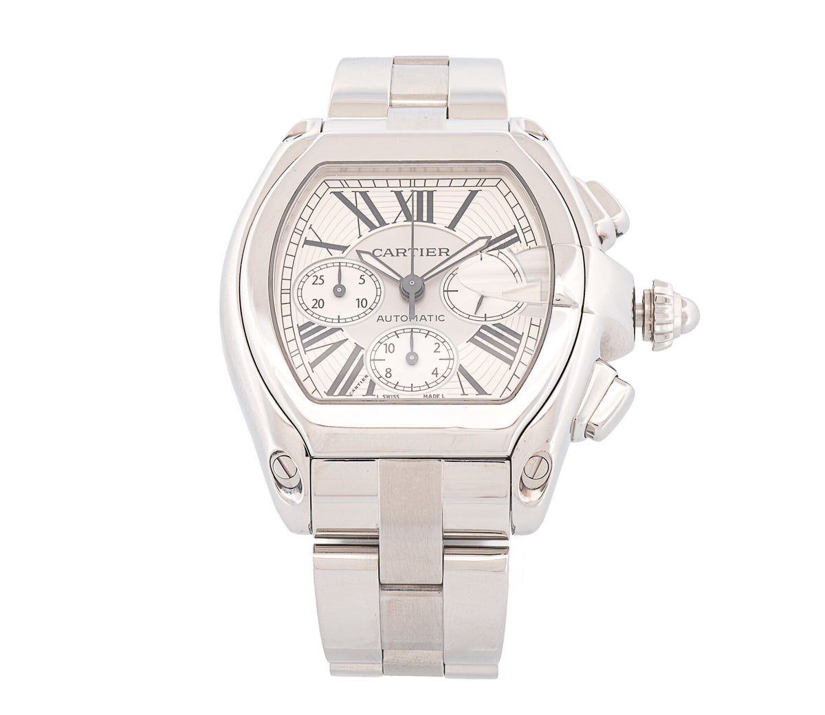 Cartier Roadster XL Chronograph Automatic Men's Watch 2618 44mm Stainless Steel White Roman Numeral Dial Sapphire Crystal