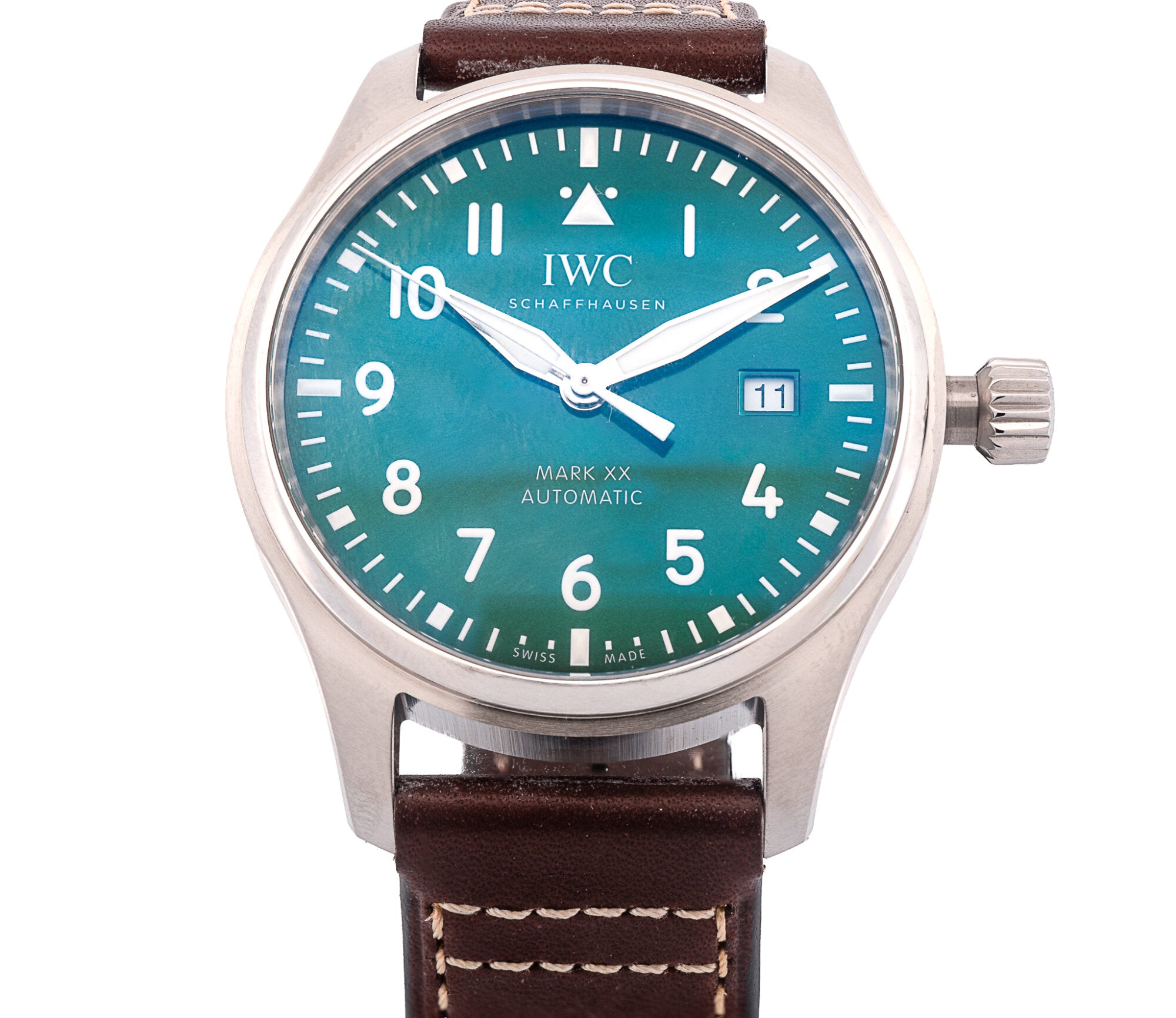 IWC Schaffhausen Pilot's Watch Mark XX IW328205 40mm Stainless Steel Green Dial Automatic Leather Strap Mens Watch